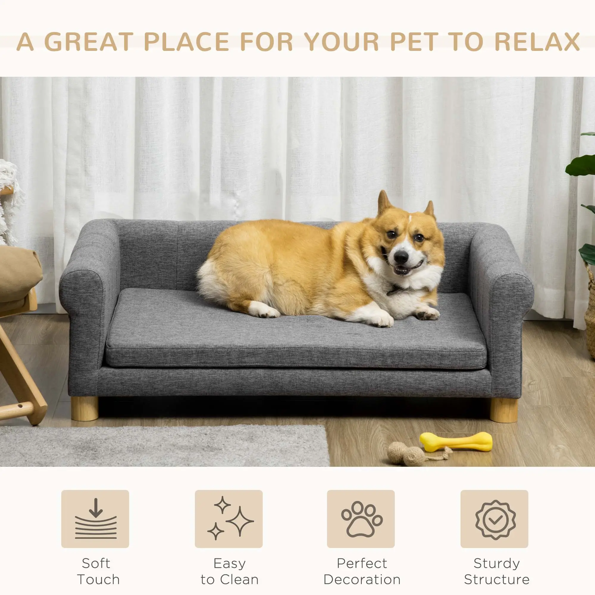 Modern Pet Sofa, Medium Large Dog Bed, Removable Cushion, Dark Grey - Image 4