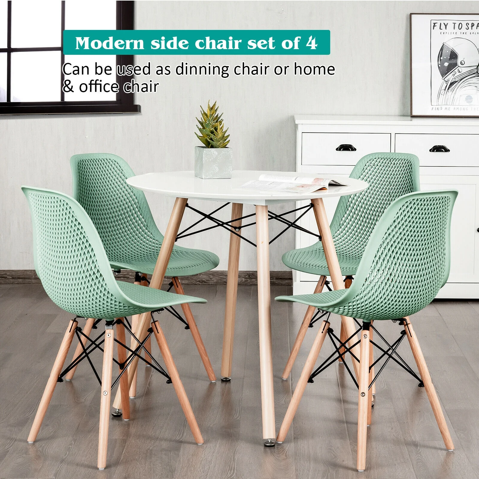 Modern Plastic Hollow Chair Set, 4 Pieces, Green - Image 9