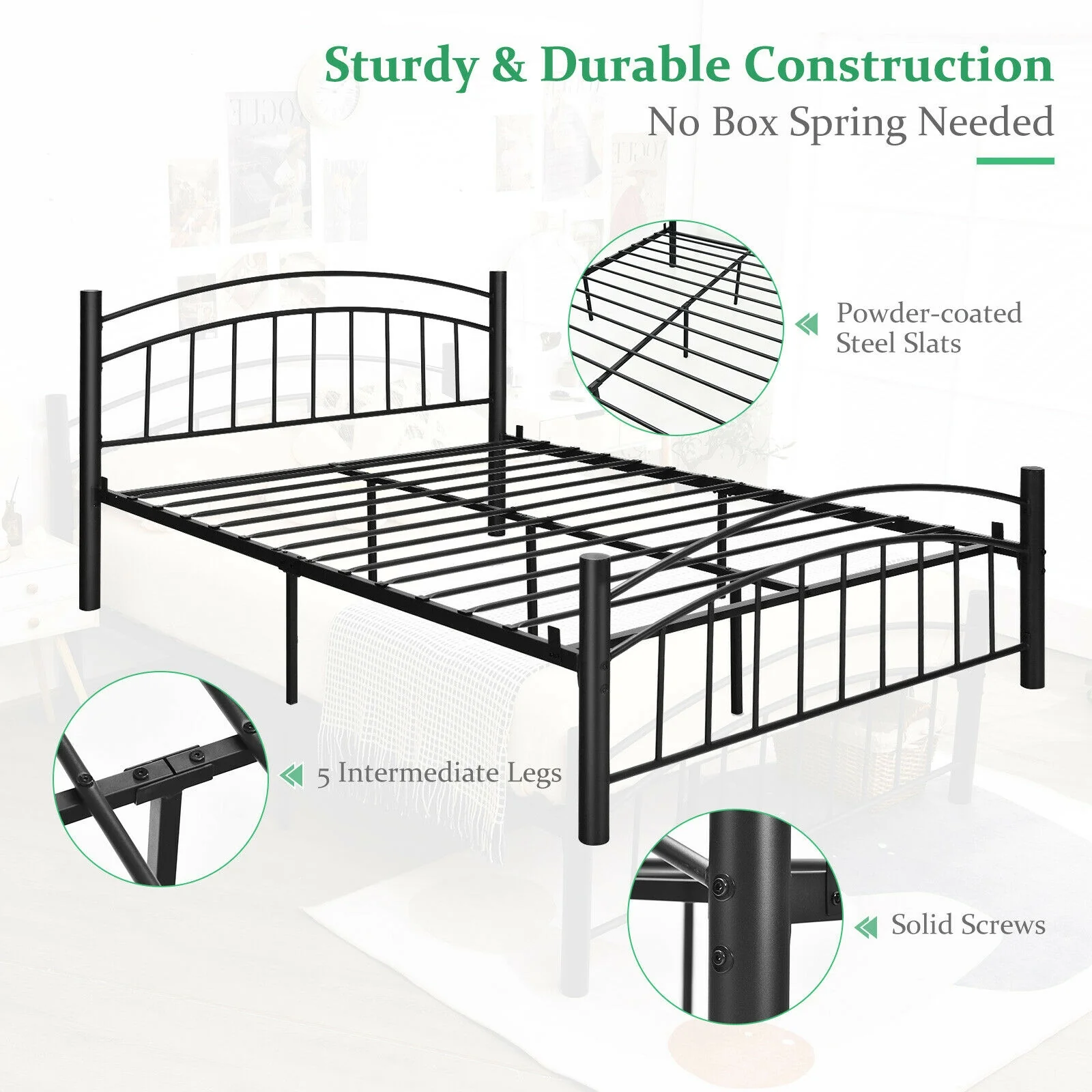 Modern Platform Bed With Headboard, Footboard, Queen Size, Black - Image 9