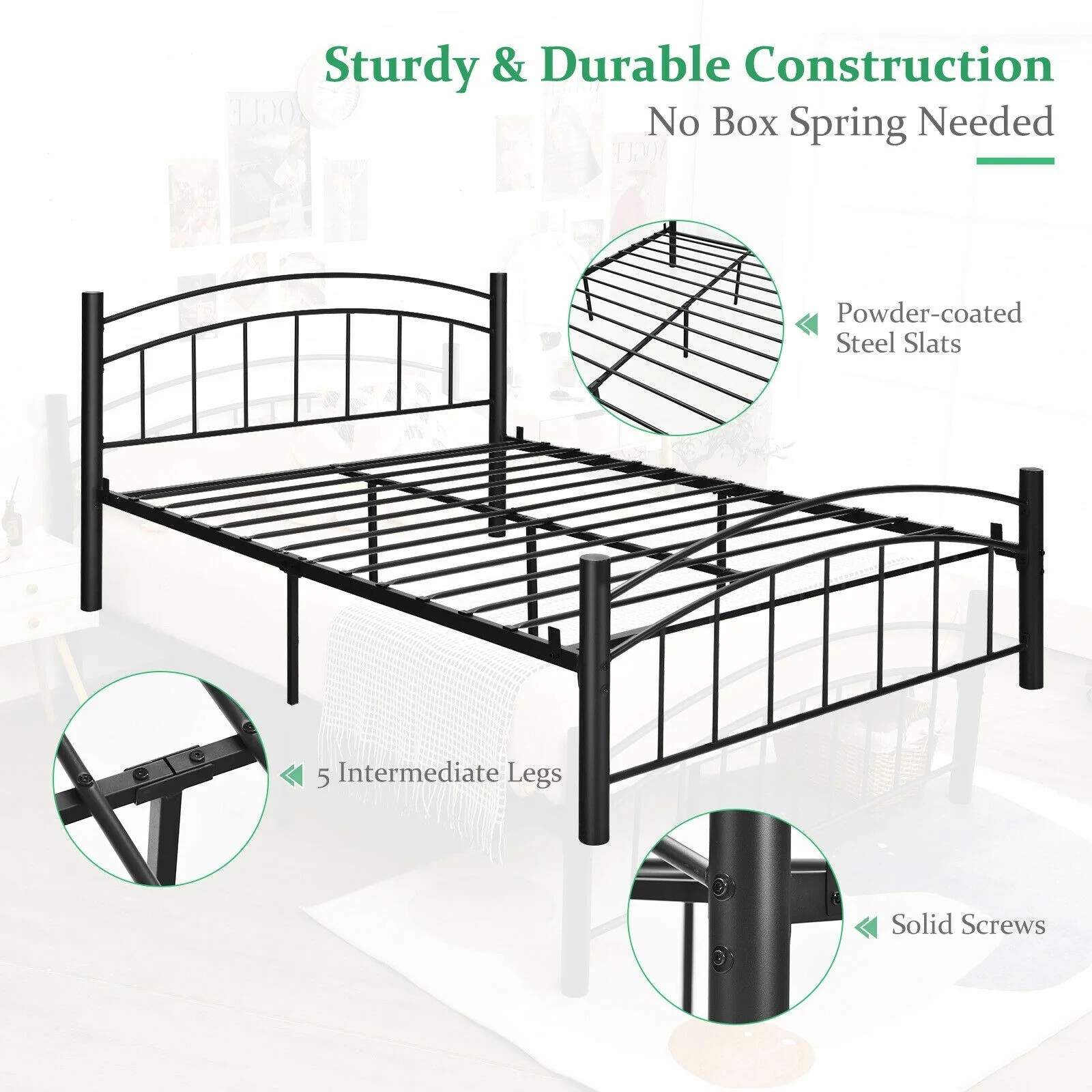 Modern Platform Bed With Headboard, Full Size, Black - Image 9