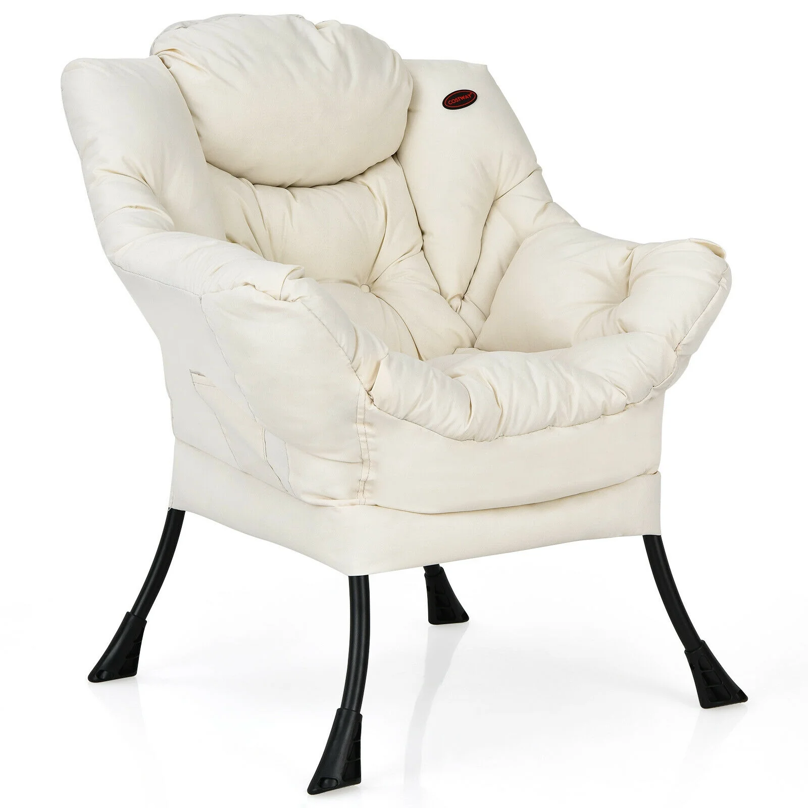 Modern Polyester Fabric Lazy Chair, Steel Frame, Side Pocket, Beige - Image 8