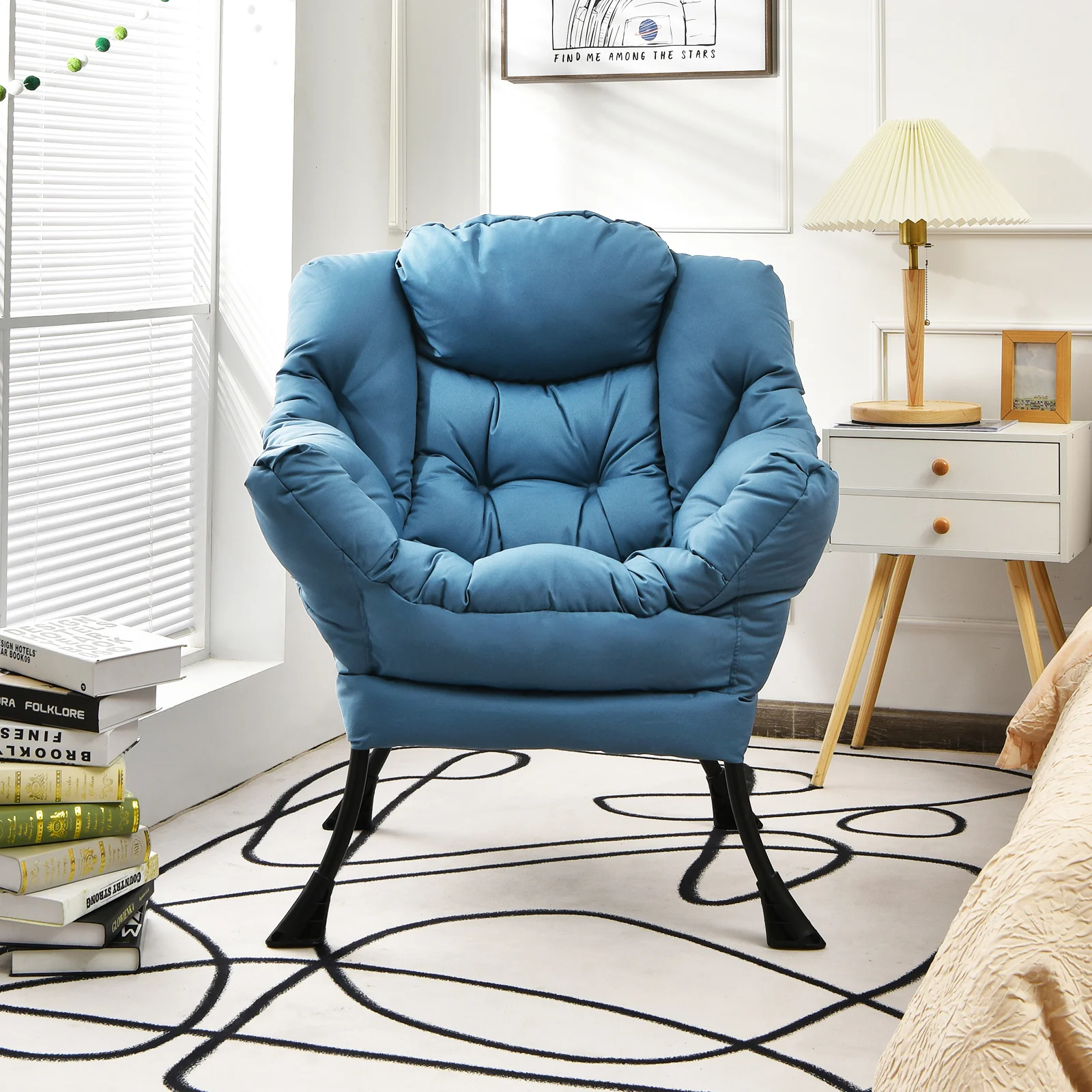 Modern Polyester Fabric Lazy Chair, Steel Frame, Side Pocket, Navy - Image 3