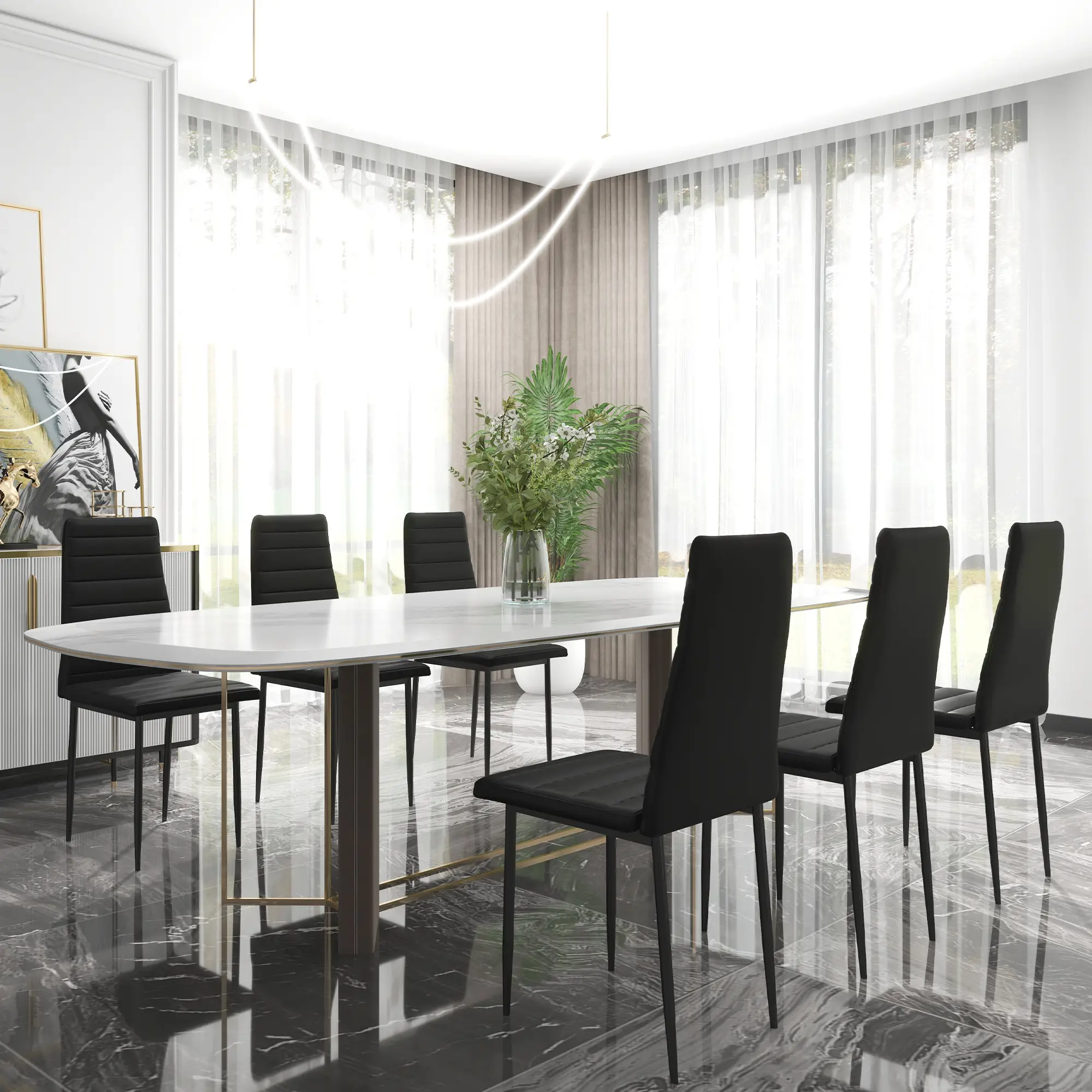 Modern PU Leather Dining Chairs, Set of 6, Metal Legs, Black - Image 2