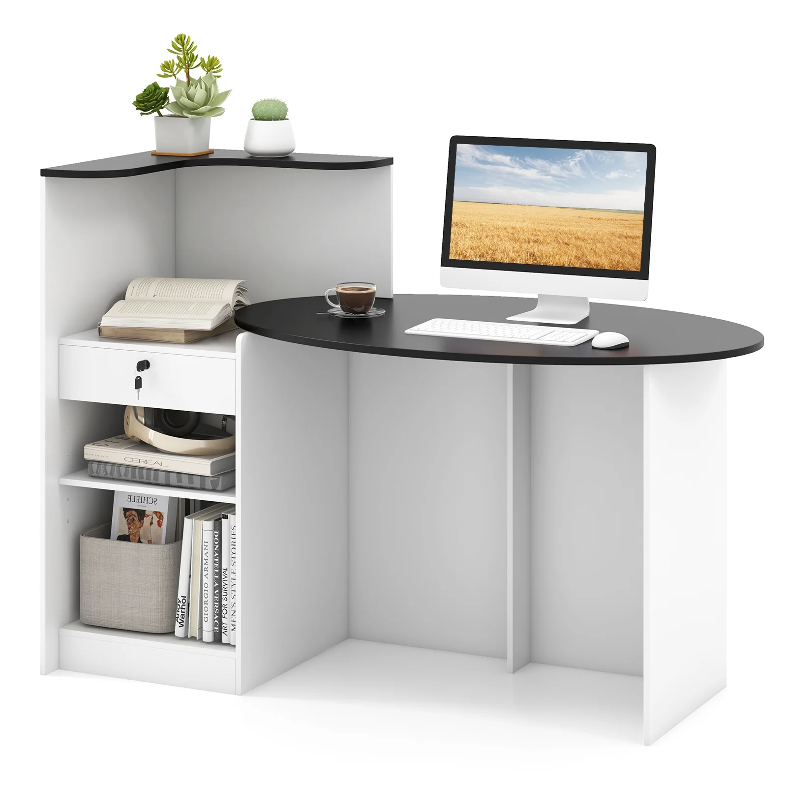 Modern Reception Desk, Oval Tabletop, Black - Image 5