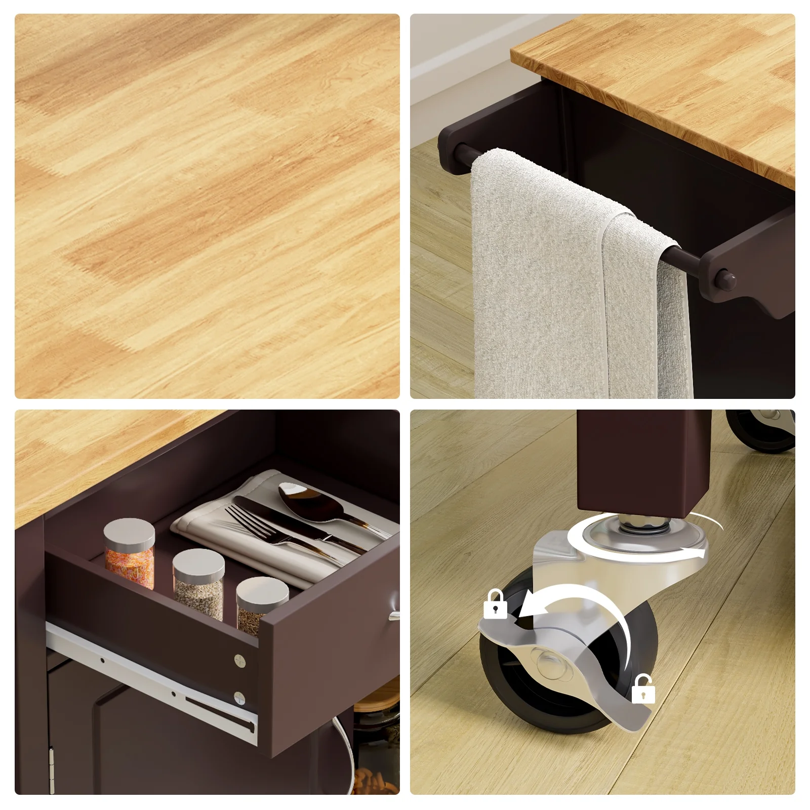 Modern Rolling Kitchen Cart Island, Wooden Top, Brown - Image 10