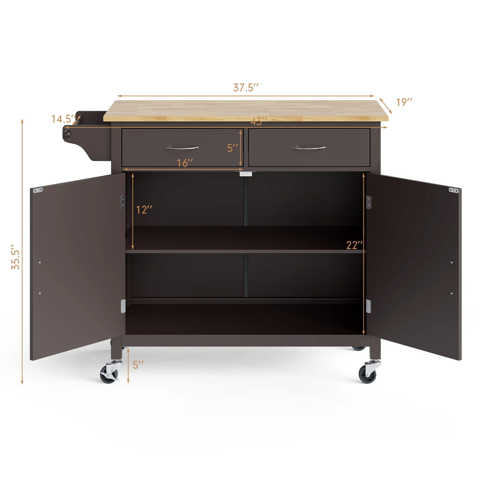 Modern Rolling Kitchen Cart Island, Wooden Top, Brown - Image 5