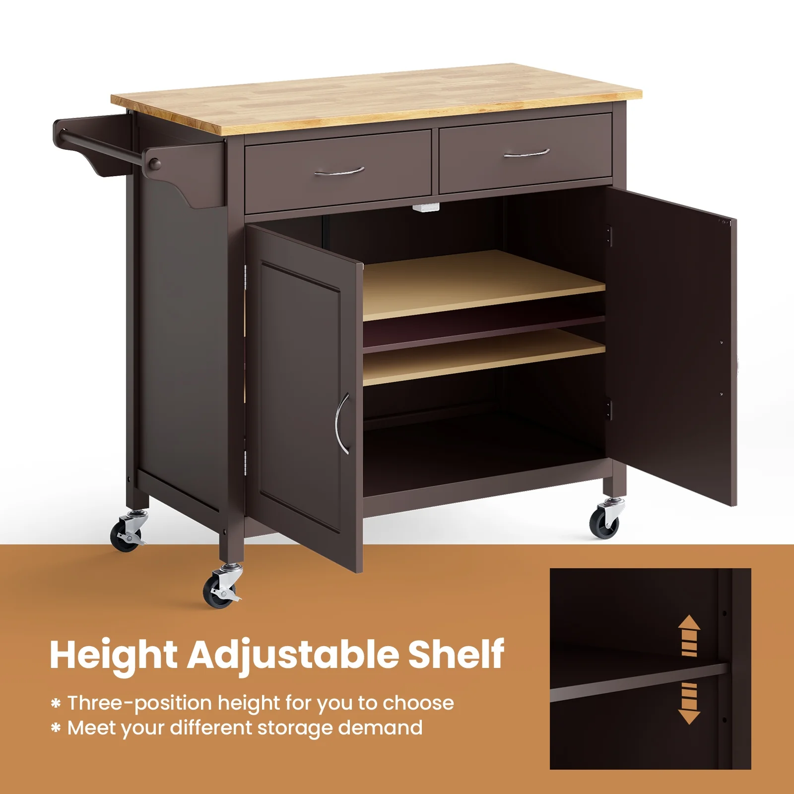 Modern Rolling Kitchen Cart Island, Wooden Top, Brown - Image 6