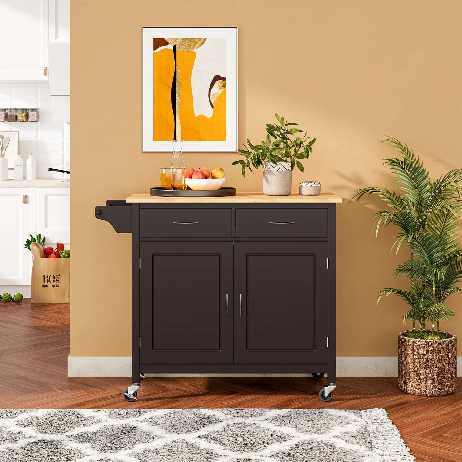 Modern Rolling Kitchen Cart Island, Wooden Top, Brown - Image 8