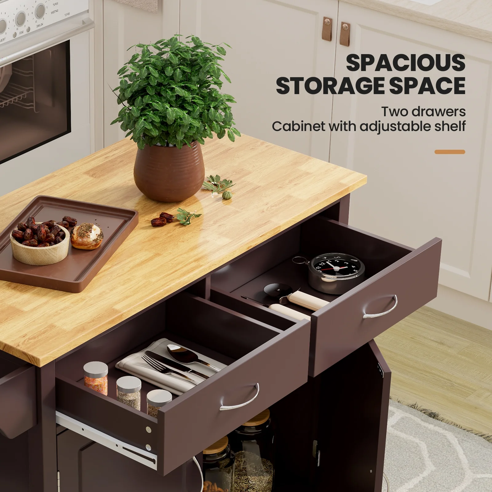 Modern Rolling Kitchen Cart Island, Wooden Top, Brown - Image 9