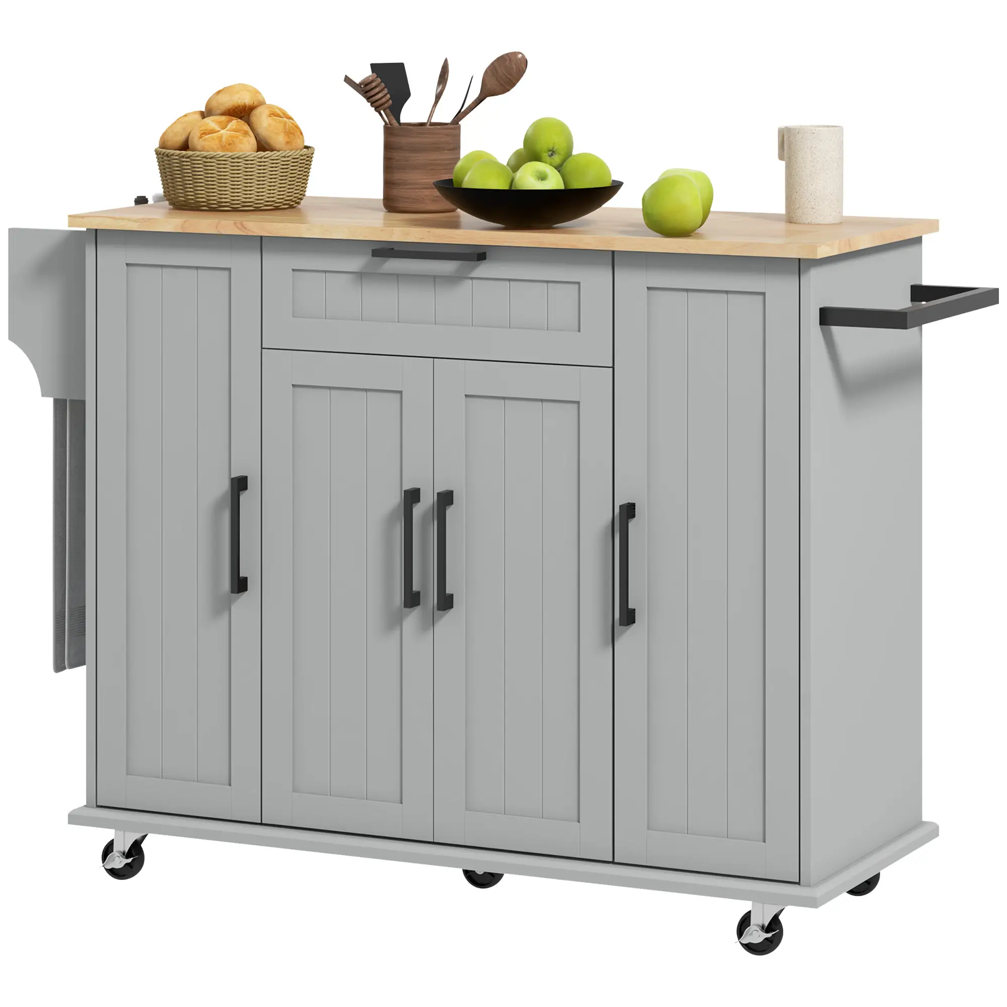 Modern Rolling Kitchen Island Cart, Natural Wood Top, Grey