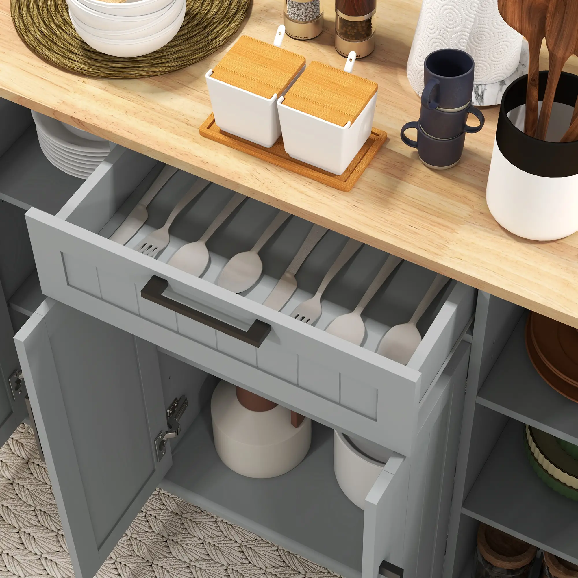 Modern Rolling Kitchen Island Cart, Natural Wood Top, Grey - Image 10