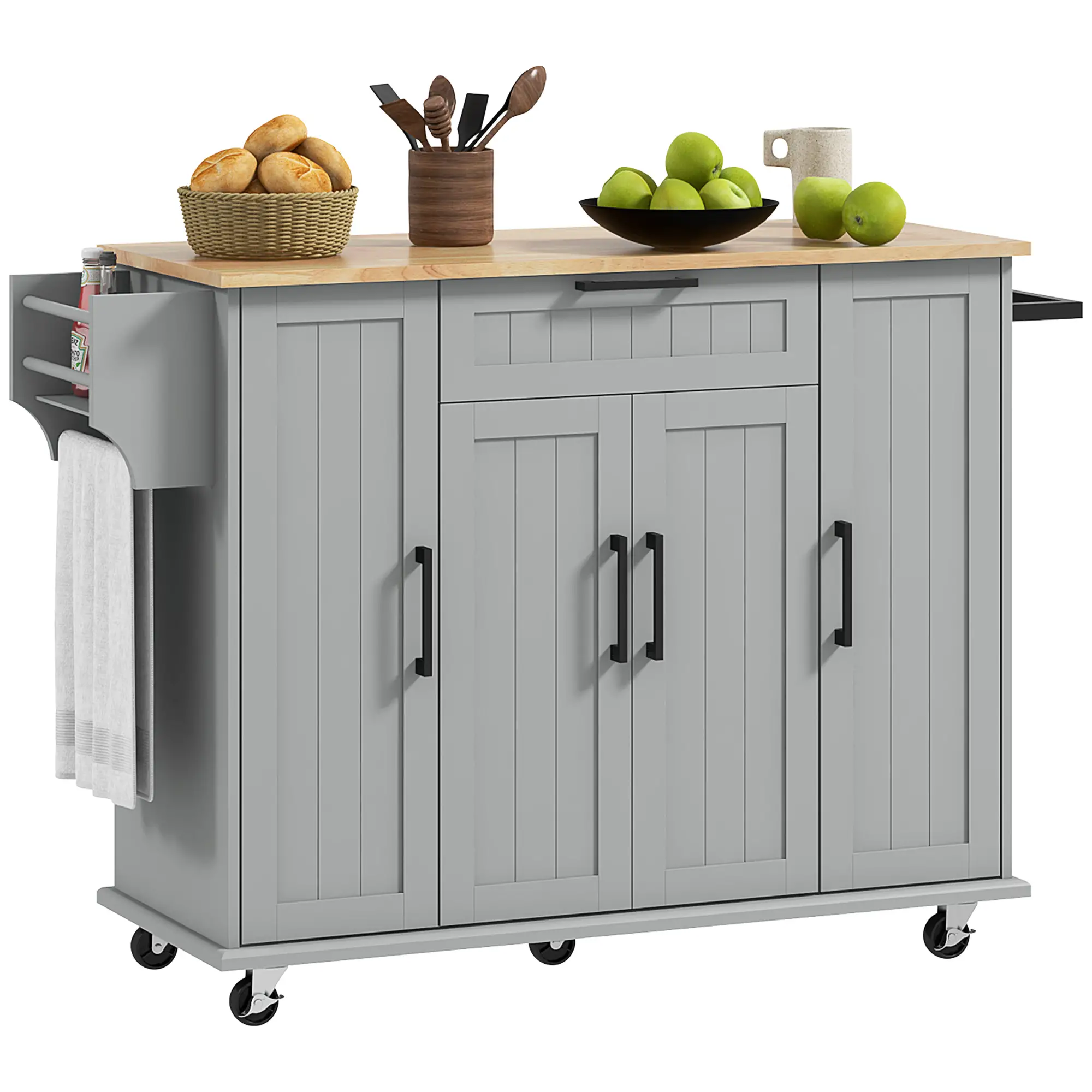 Modern Rolling Kitchen Island Cart, Natural Wood Top, Grey - Image 11