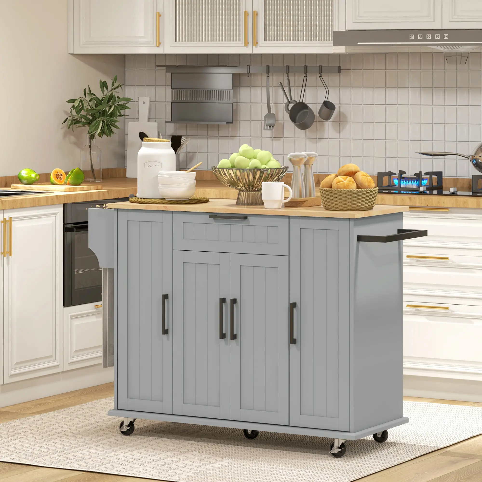 Modern Rolling Kitchen Island Cart, Natural Wood Top, Grey - Image 2