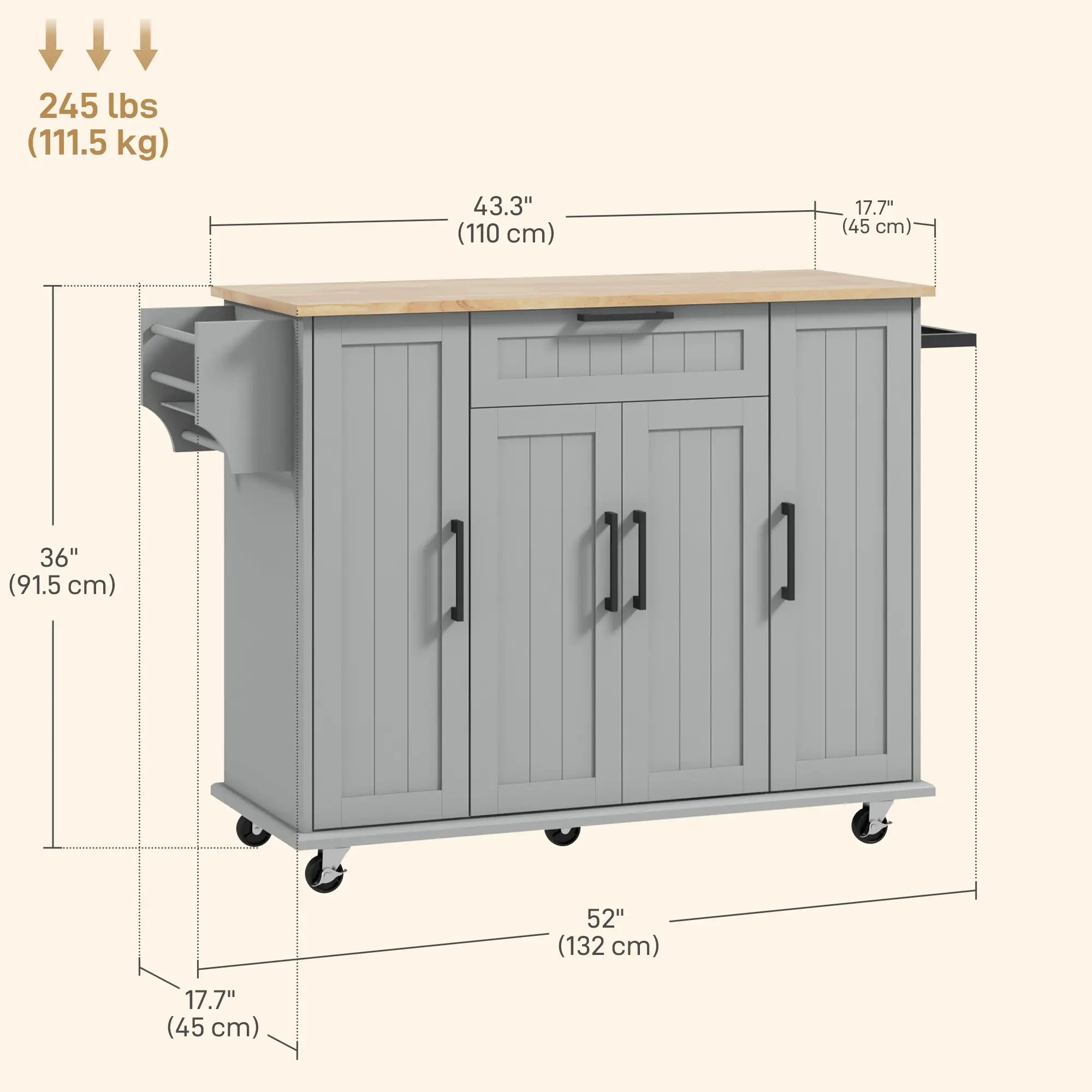 Modern Rolling Kitchen Island Cart, Natural Wood Top, Grey - Image 3