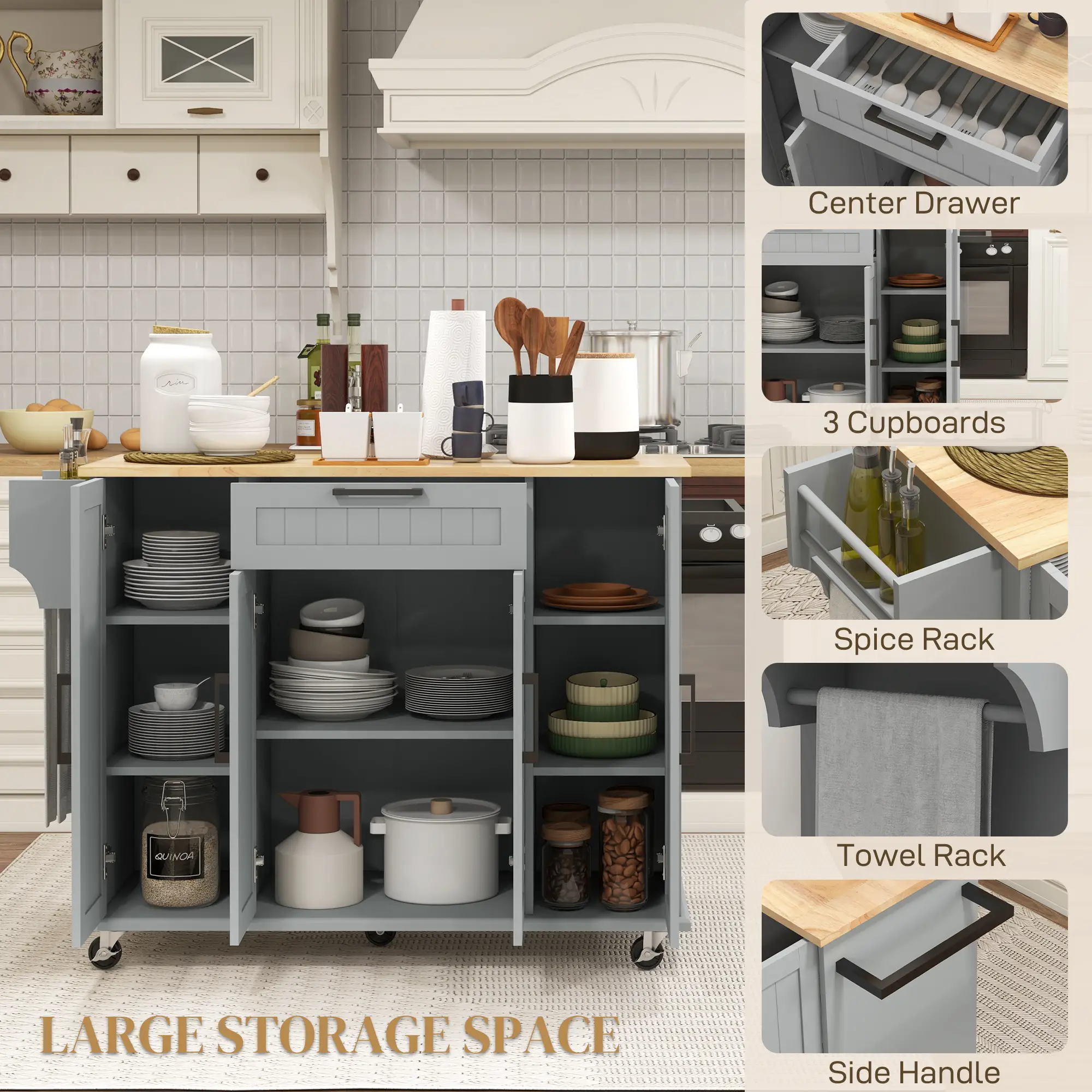 Modern Rolling Kitchen Island Cart, Natural Wood Top, Grey - Image 4