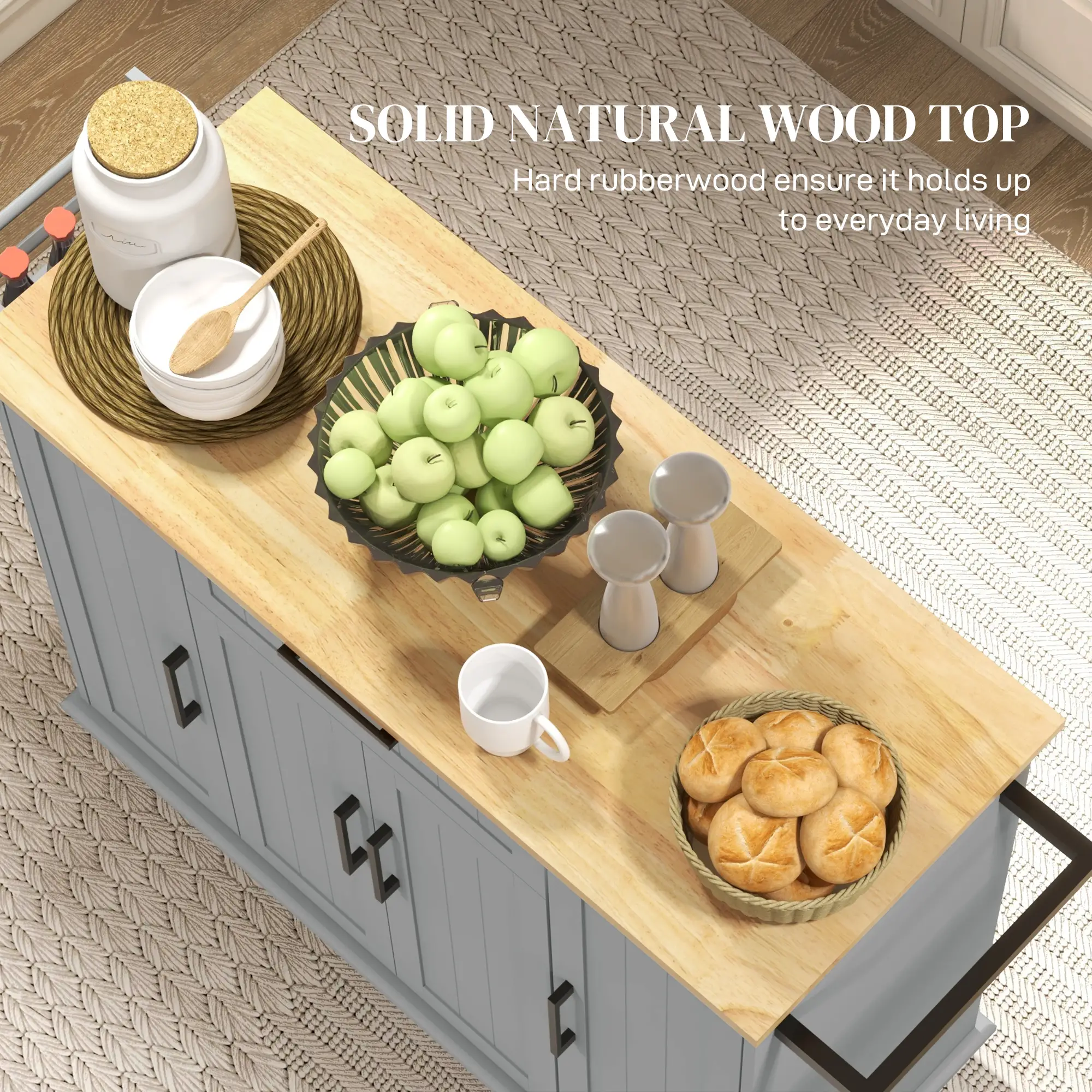 Modern Rolling Kitchen Island Cart, Natural Wood Top, Grey - Image 5