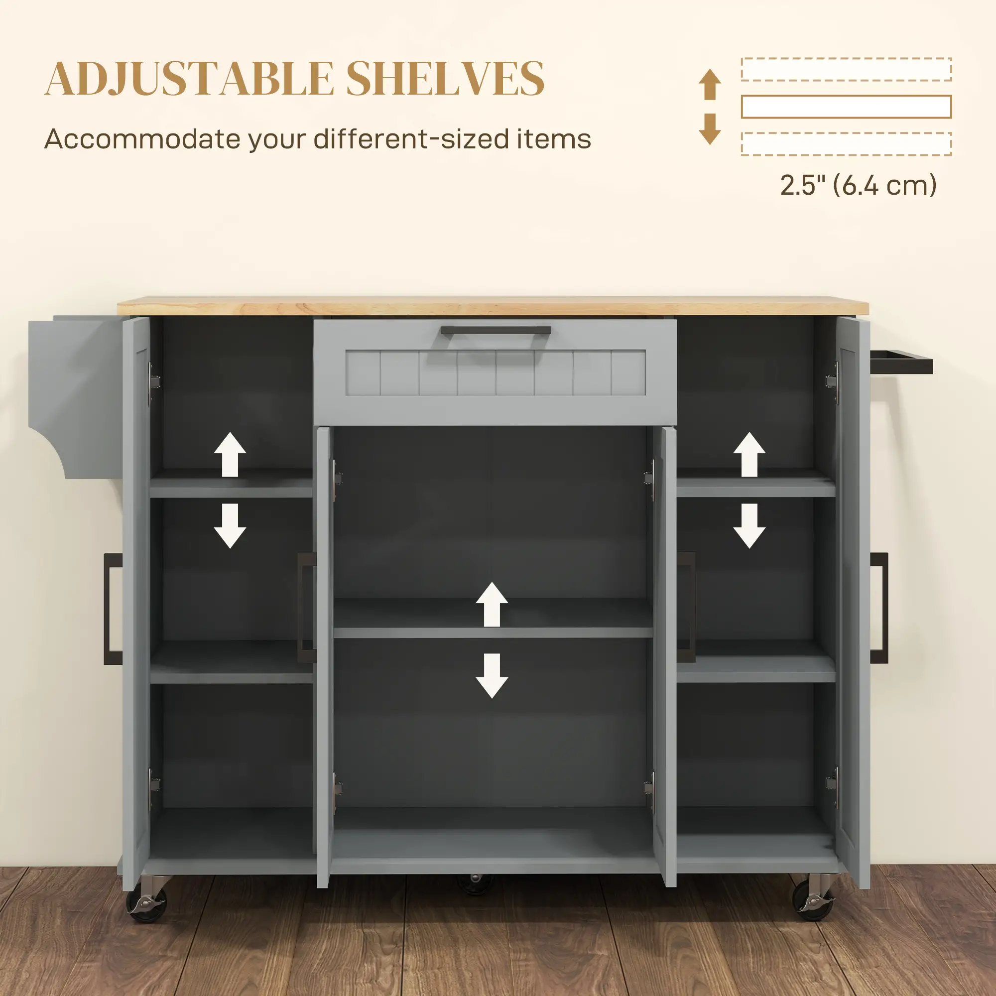 Modern Rolling Kitchen Island Cart, Natural Wood Top, Grey - Image 6