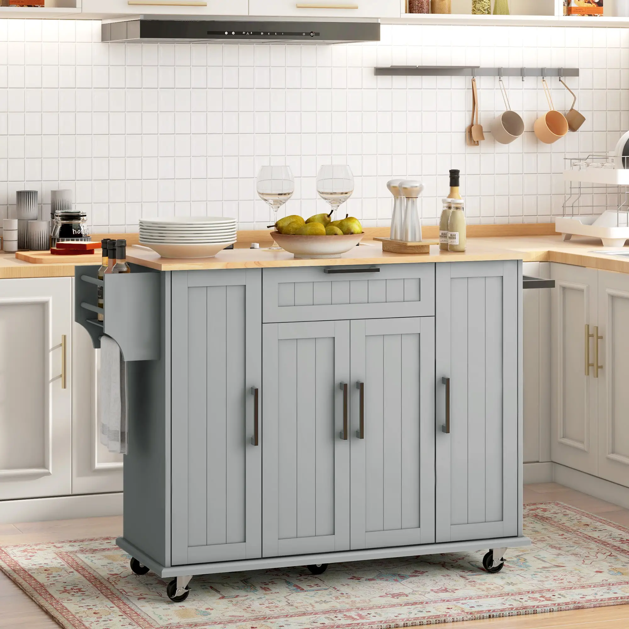 Modern Rolling Kitchen Island Cart, Natural Wood Top, Grey - Image 8