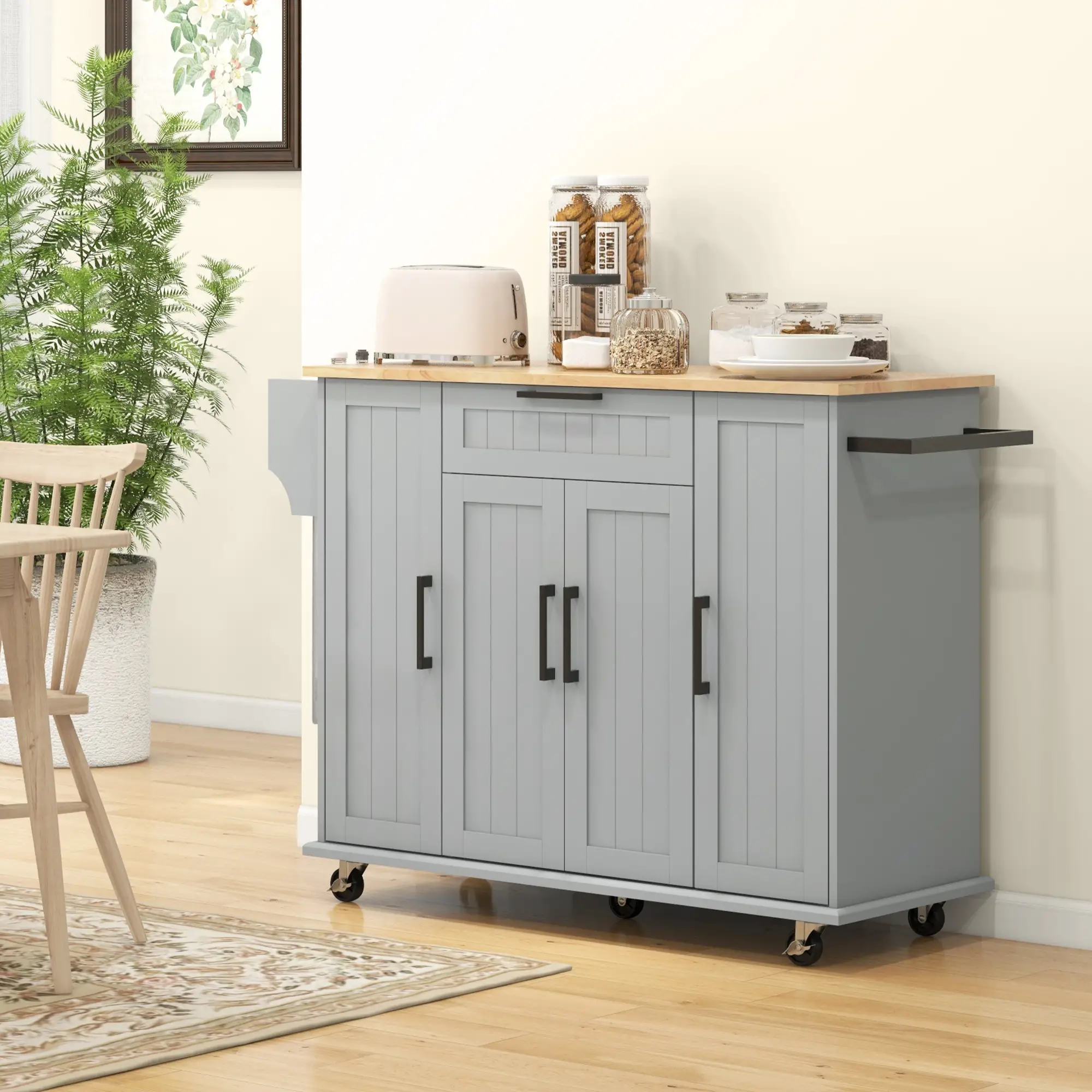 Modern Rolling Kitchen Island Cart, Natural Wood Top, Grey - Image 9