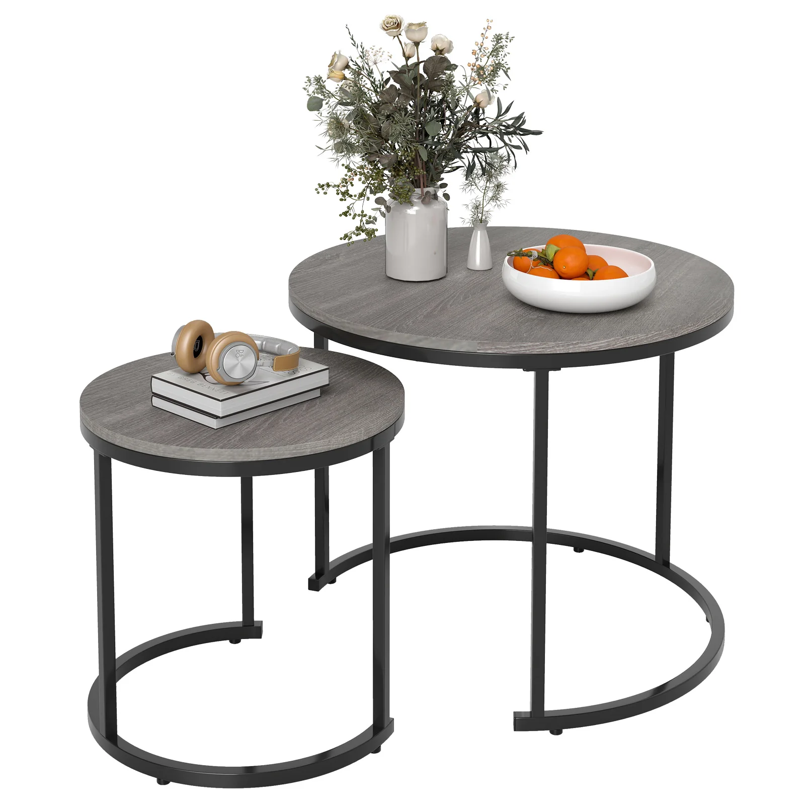 Modern Round Stacking Nesting Coffee Tables, Set of 2, Oak - Image 2