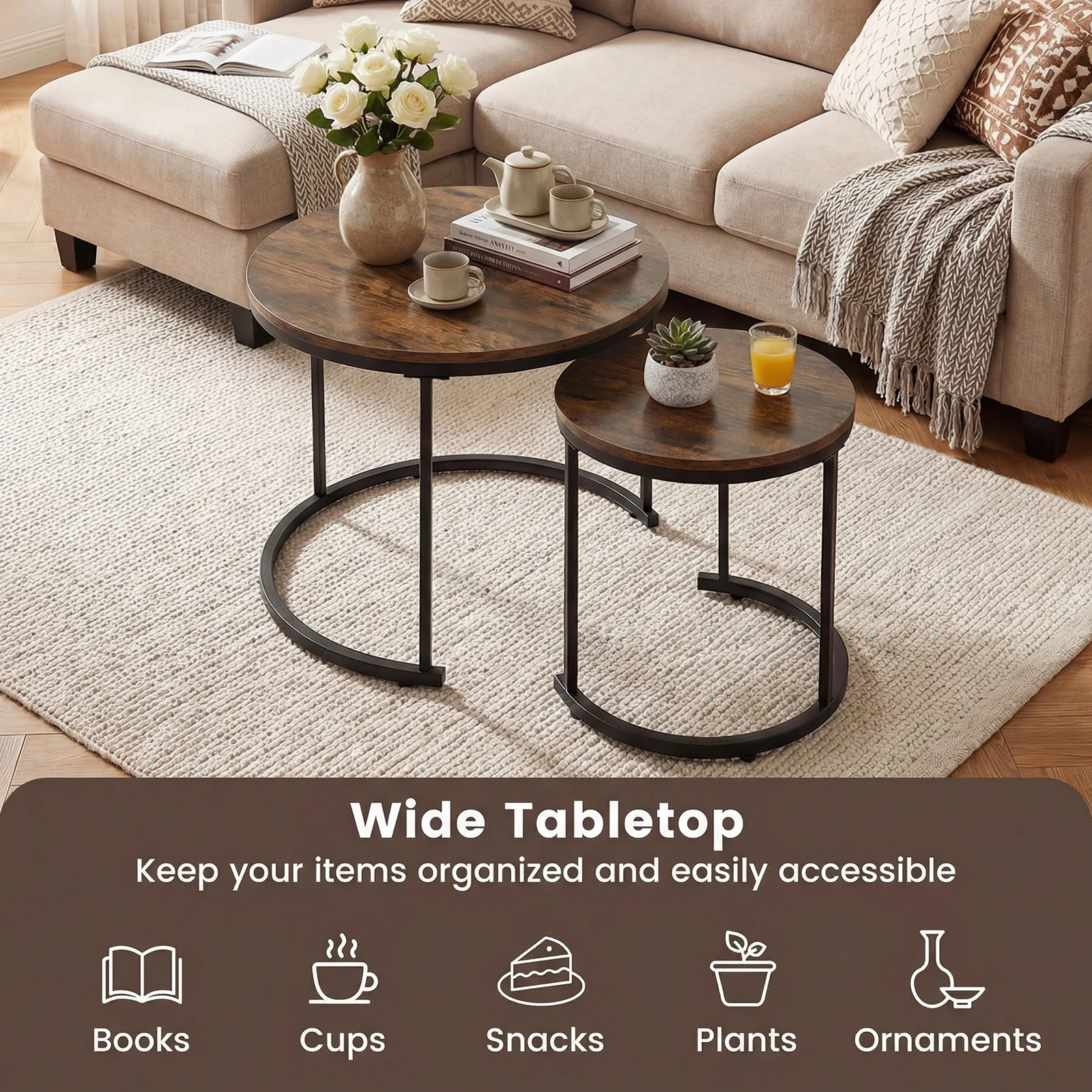 Modern Round Stacking Nesting Coffee Tables, Rustic Brown - Image 10