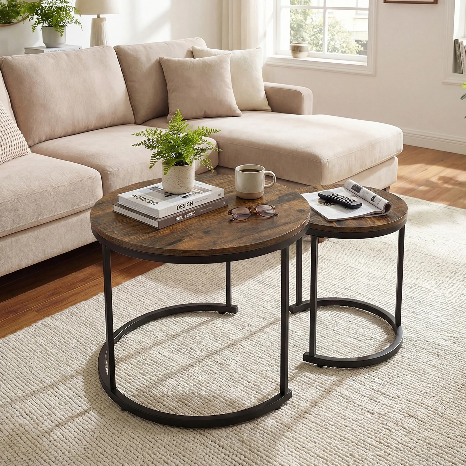 Modern Round Stacking Nesting Coffee Tables, Rustic Brown - Image 2