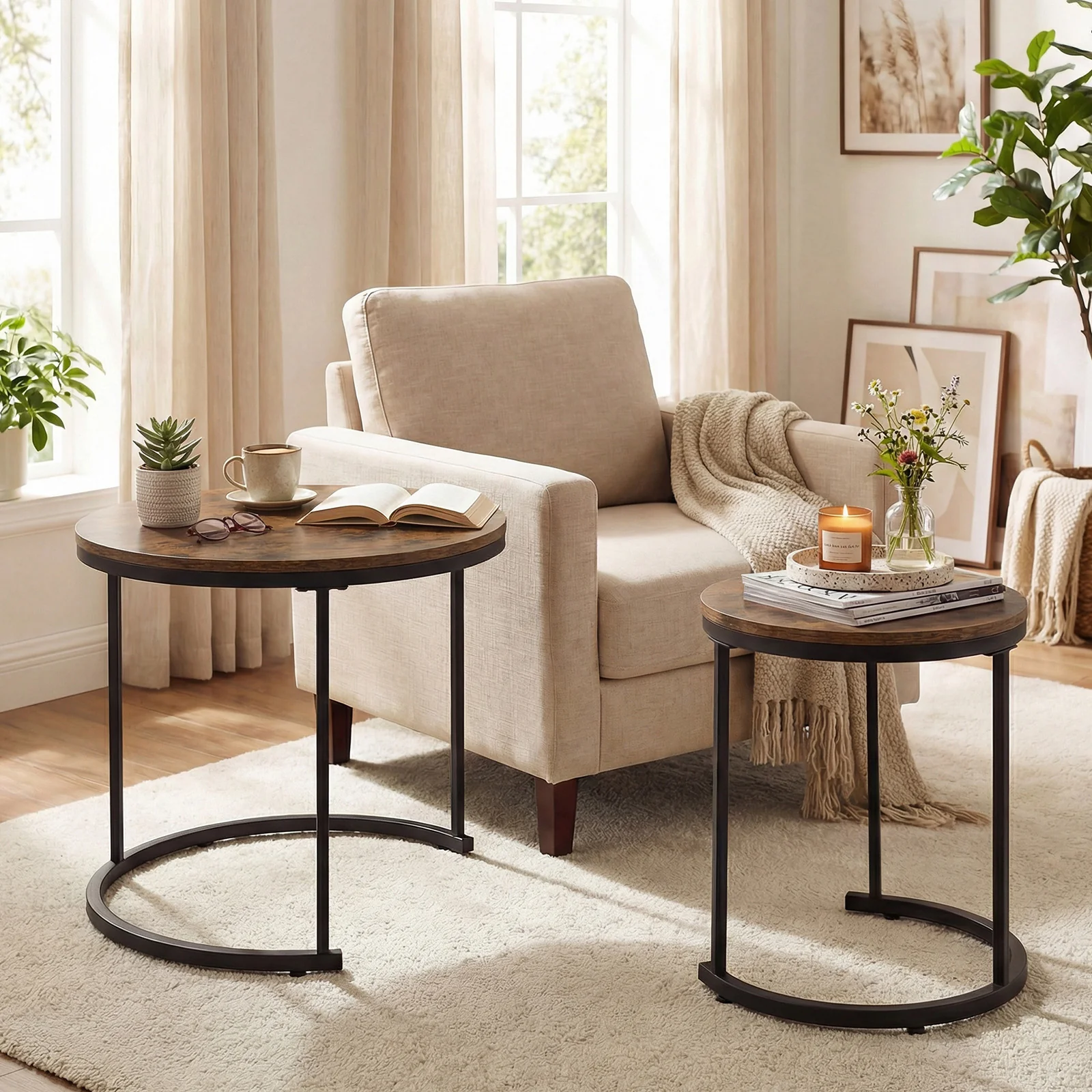 Modern Round Stacking Nesting Coffee Tables, Rustic Brown - Image 3
