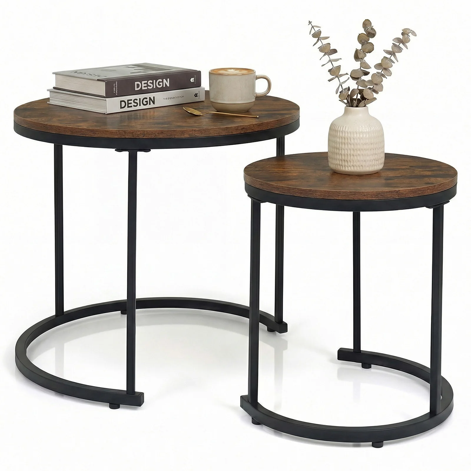 Modern Round Stacking Nesting Coffee Tables, Rustic Brown - Image 5