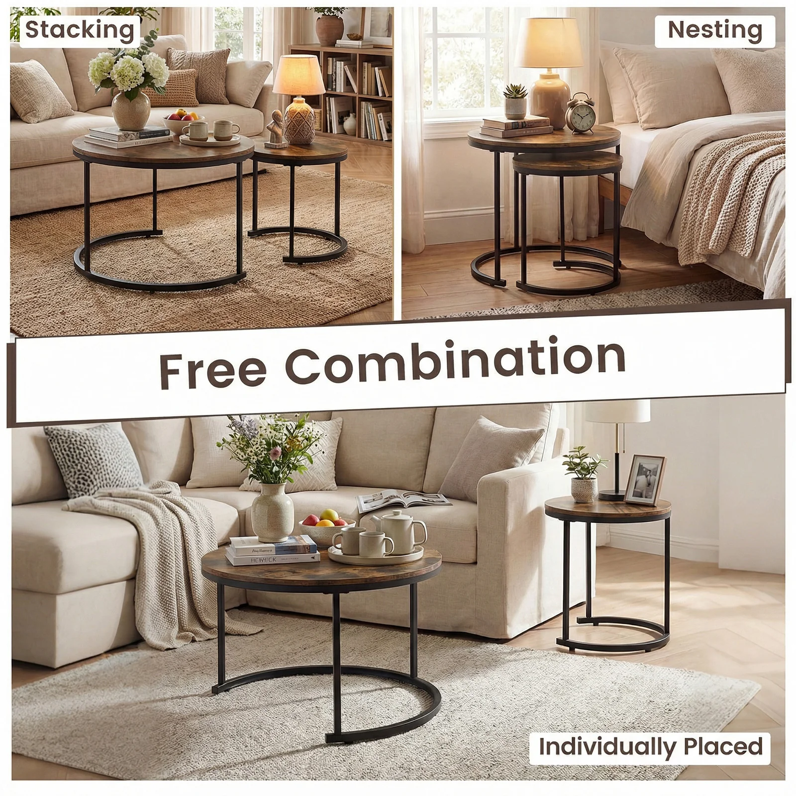 Modern Round Stacking Nesting Coffee Tables, Rustic Brown - Image 9