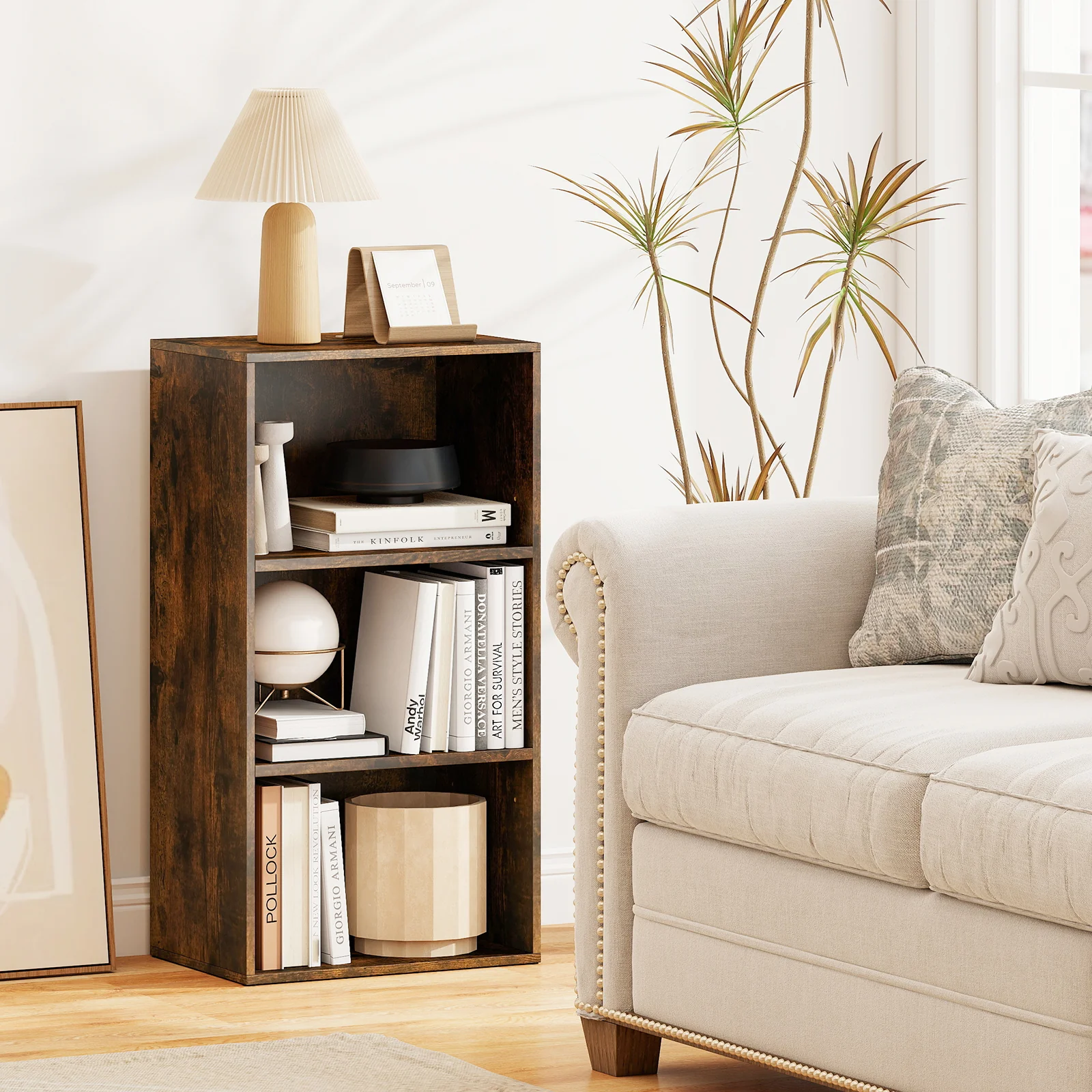 Modern Rustic 3 Open Shelf Bookcase, Display Cabinet, Brown - Image 3