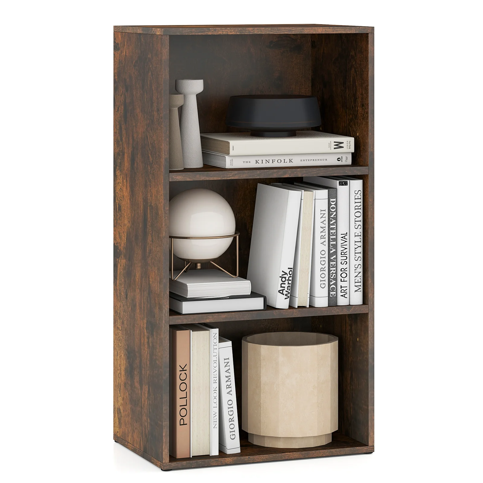 Modern Rustic 3 Open Shelf Bookcase, Display Cabinet, Brown - Image 4