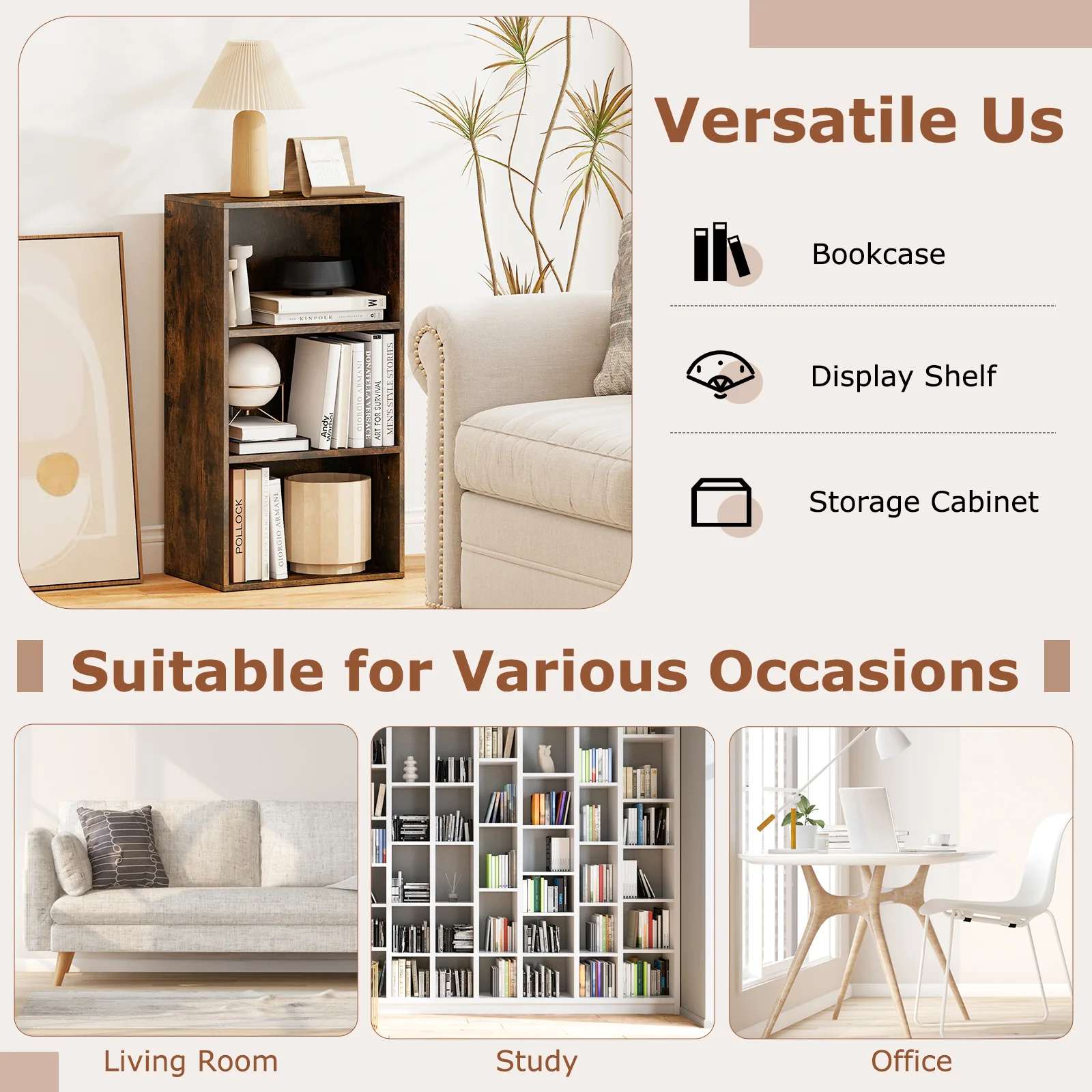 Modern Rustic 3 Open Shelf Bookcase, Display Cabinet, Brown - Image 8