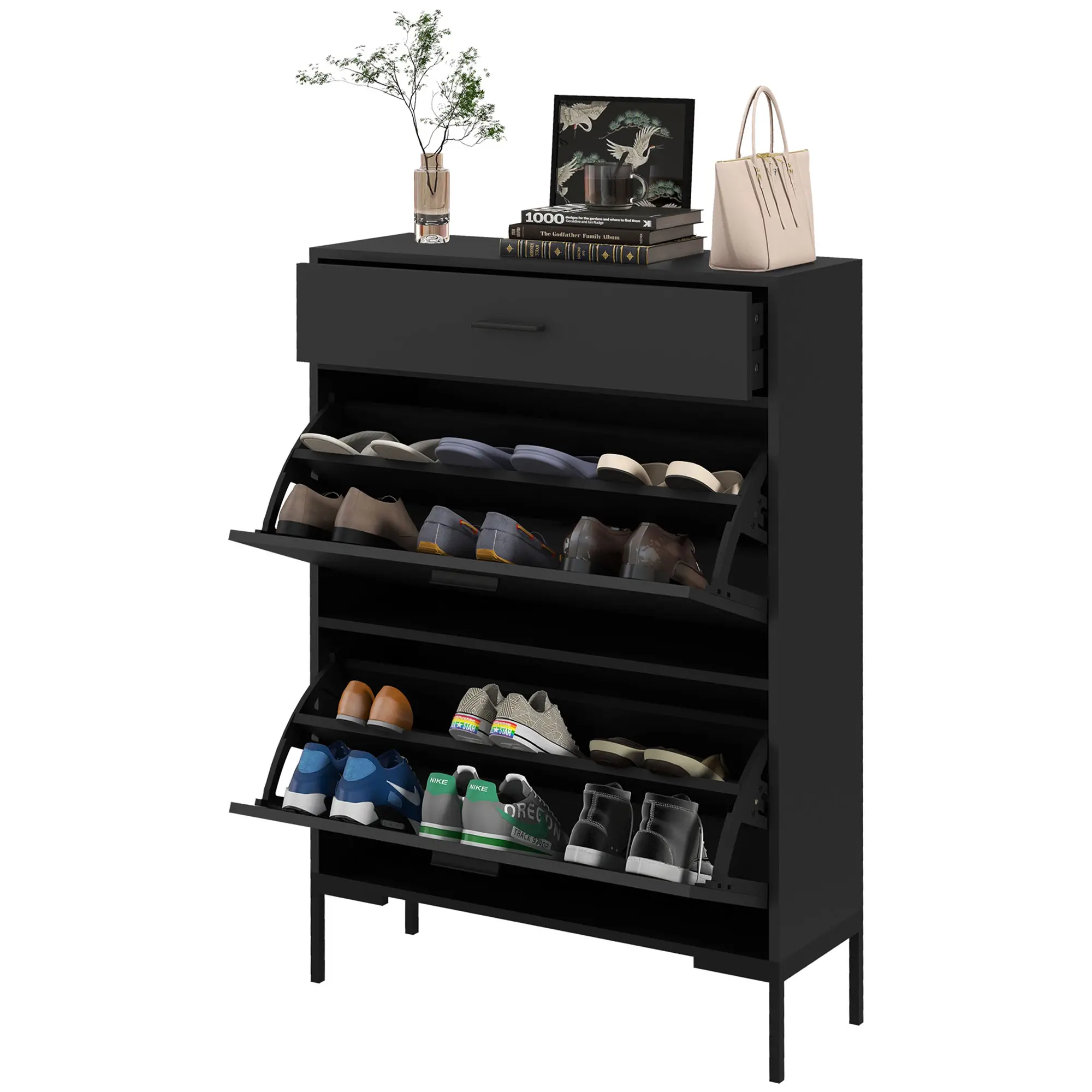 Modern Shoe Cabinet, 12 Pair Organizer, 2 Flip Doors, Adjustable Shelf, Black - Image 11