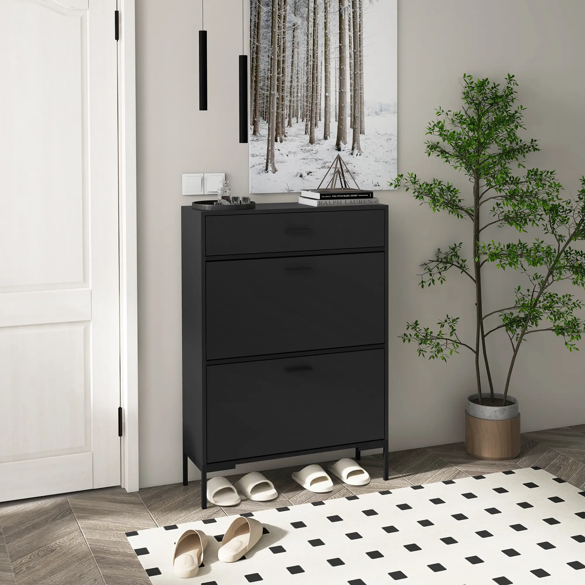 Modern Shoe Cabinet, 12 Pair Organizer, 2 Flip Doors, Adjustable Shelf, Black - Image 2