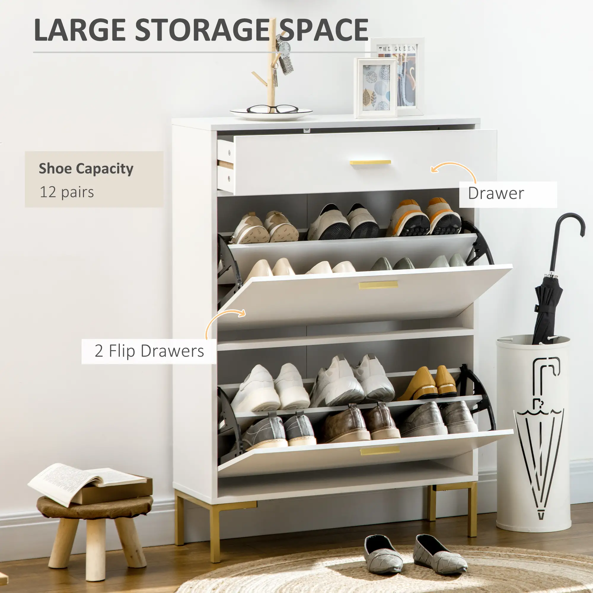 Modern Shoe Cabinet, 12 Pair Organizer, 2 Flip Doors, Adjustable Shelf, White - Image 4