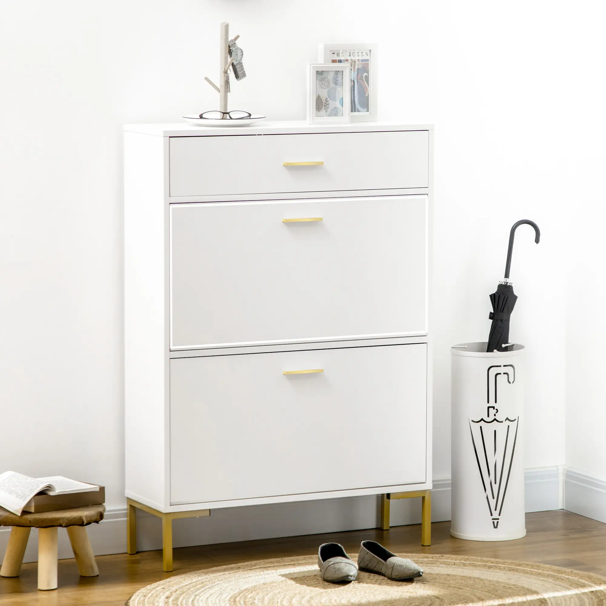 Modern Shoe Cabinet, 12 Pair Organizer, 2 Flip Doors, Adjustable Shelf, White - Image 8