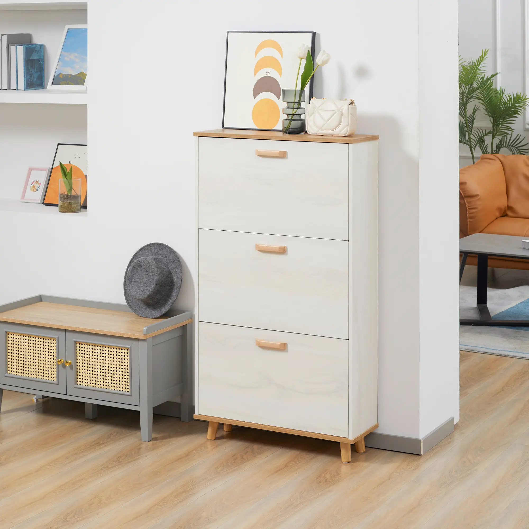Modern Shoe Cabinet, 3 Flip Drawers, Adjustable Shelf, 12 Pair, White - Image 2