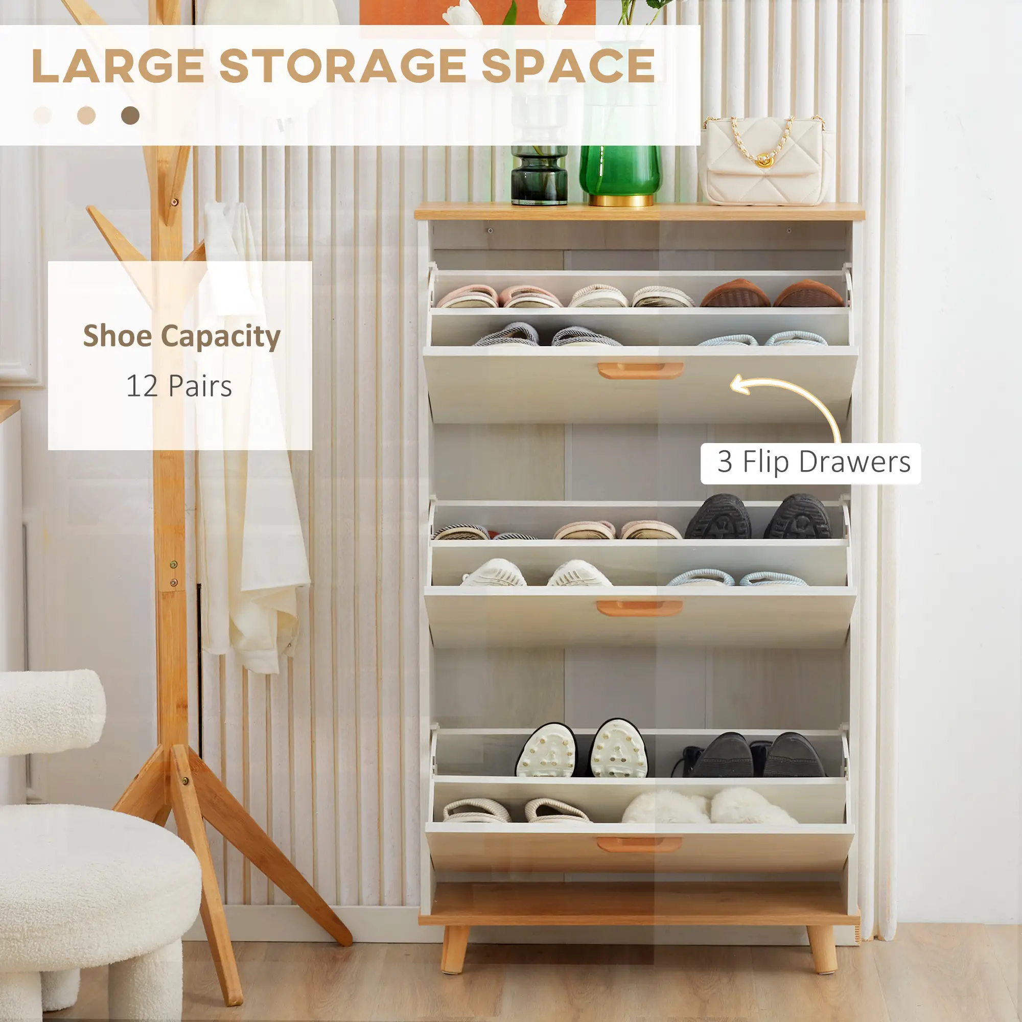 Modern Shoe Cabinet, 3 Flip Drawers, Adjustable Shelf, 12 Pair, White - Image 4
