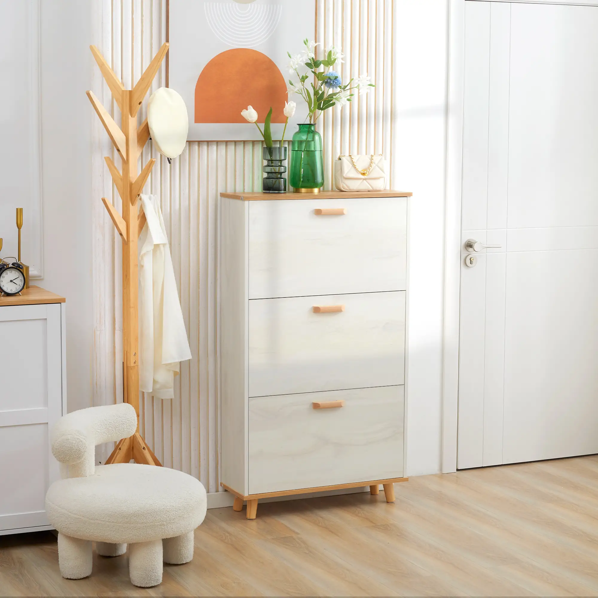 Modern Shoe Cabinet, 3 Flip Drawers, Adjustable Shelf, 12 Pair, White - Image 8