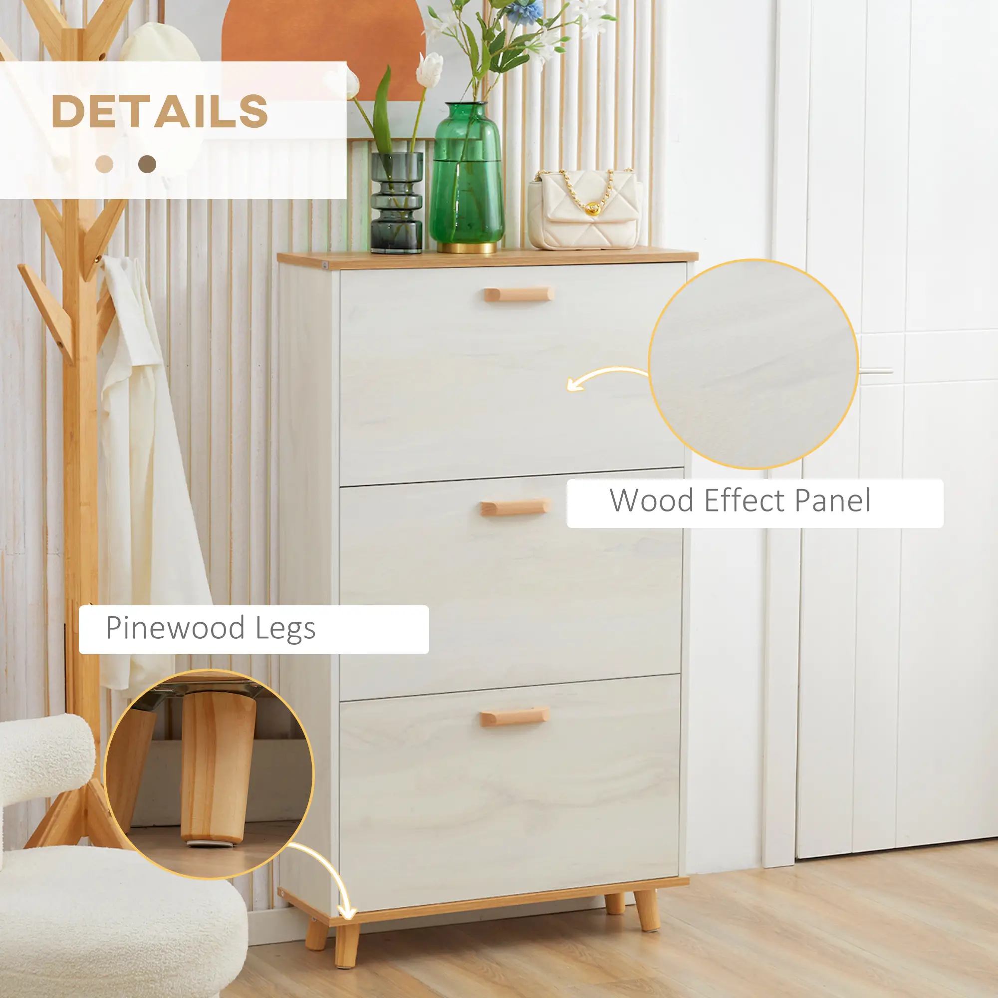 Modern Shoe Cabinet, 3 Flip Drawers, Adjustable Shelf, 12 Pair, White - Image 9