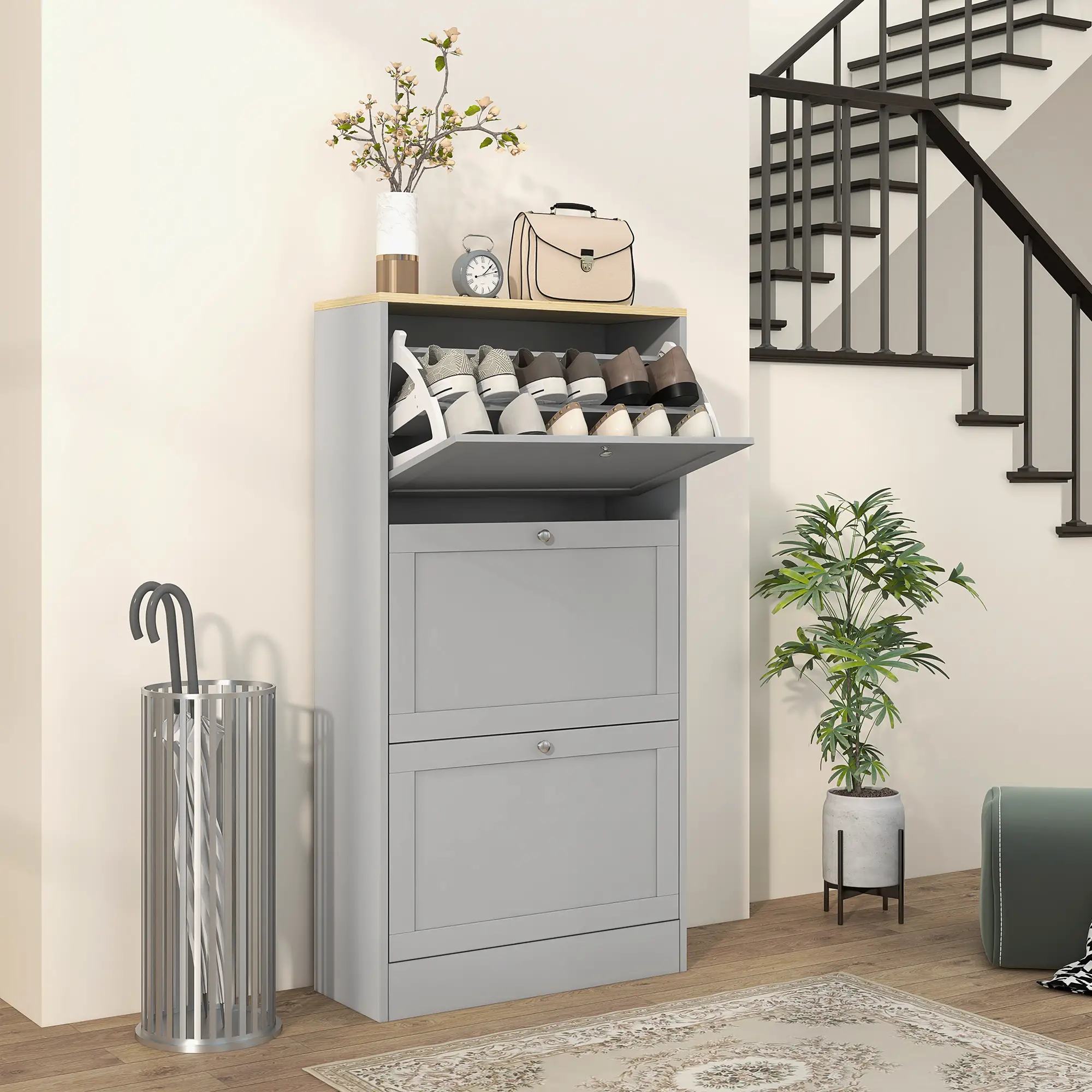 Modern Shoe Storage, 3 Flip Drawers, Adjustable Shelves, 18 Pairs, Grey - Image 2