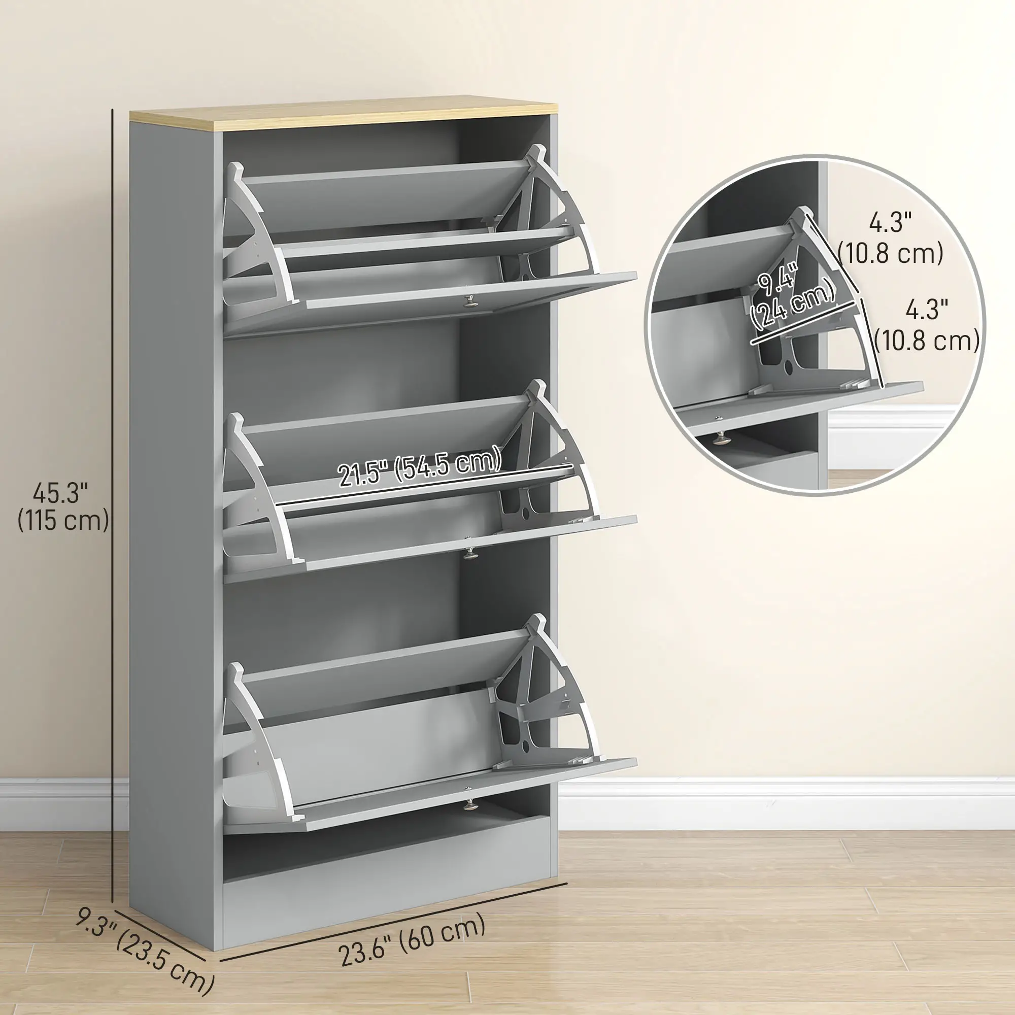 Modern Shoe Storage, 3 Flip Drawers, Adjustable Shelves, 18 Pairs, Grey - Image 3