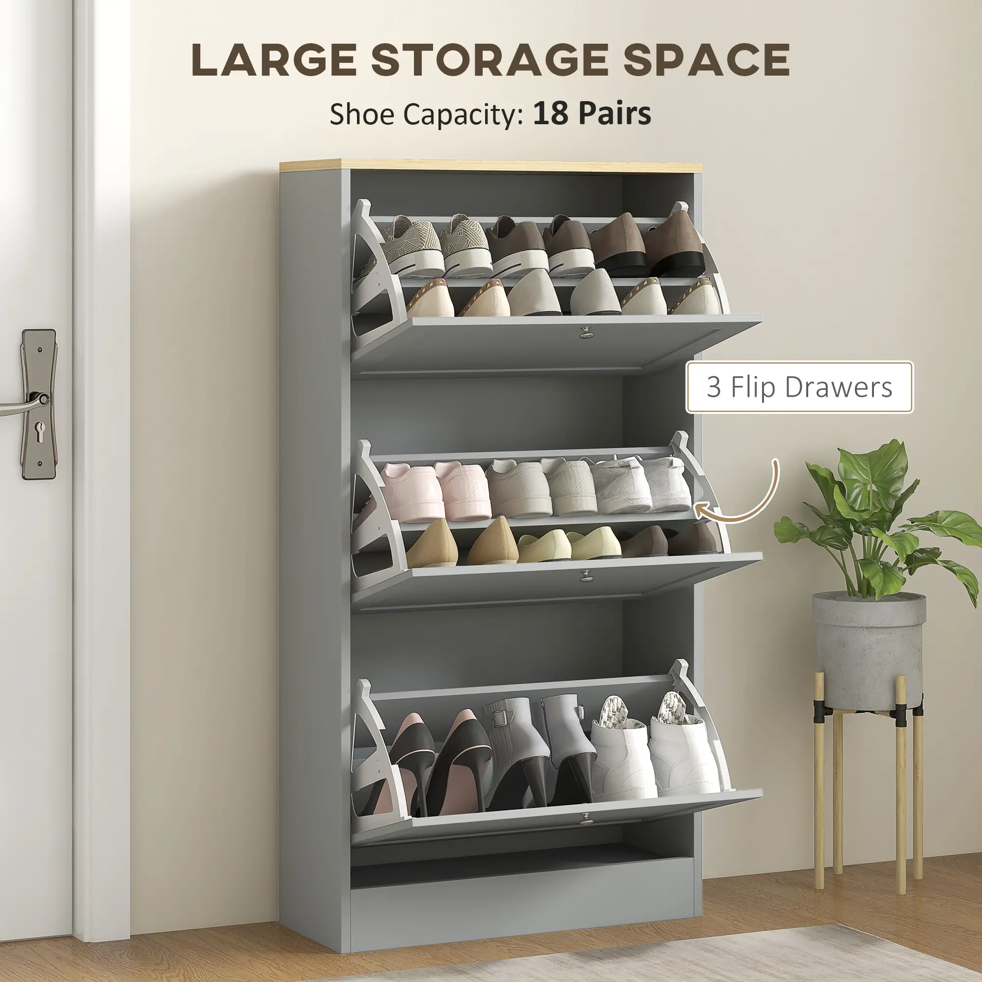 Modern Shoe Storage, 3 Flip Drawers, Adjustable Shelves, 18 Pairs, Grey - Image 4
