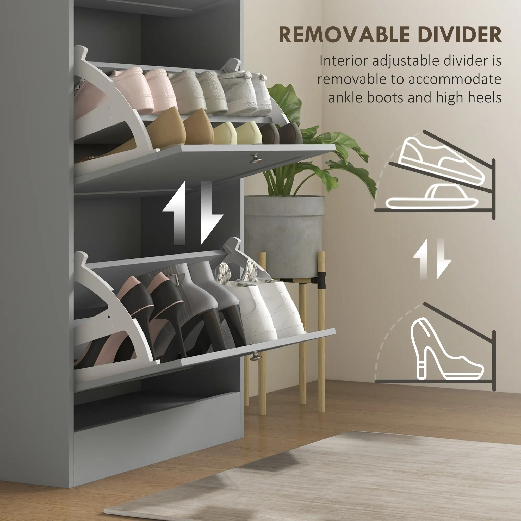 Modern Shoe Storage, 3 Flip Drawers, Adjustable Shelves, 18 Pairs, Grey - Image 6