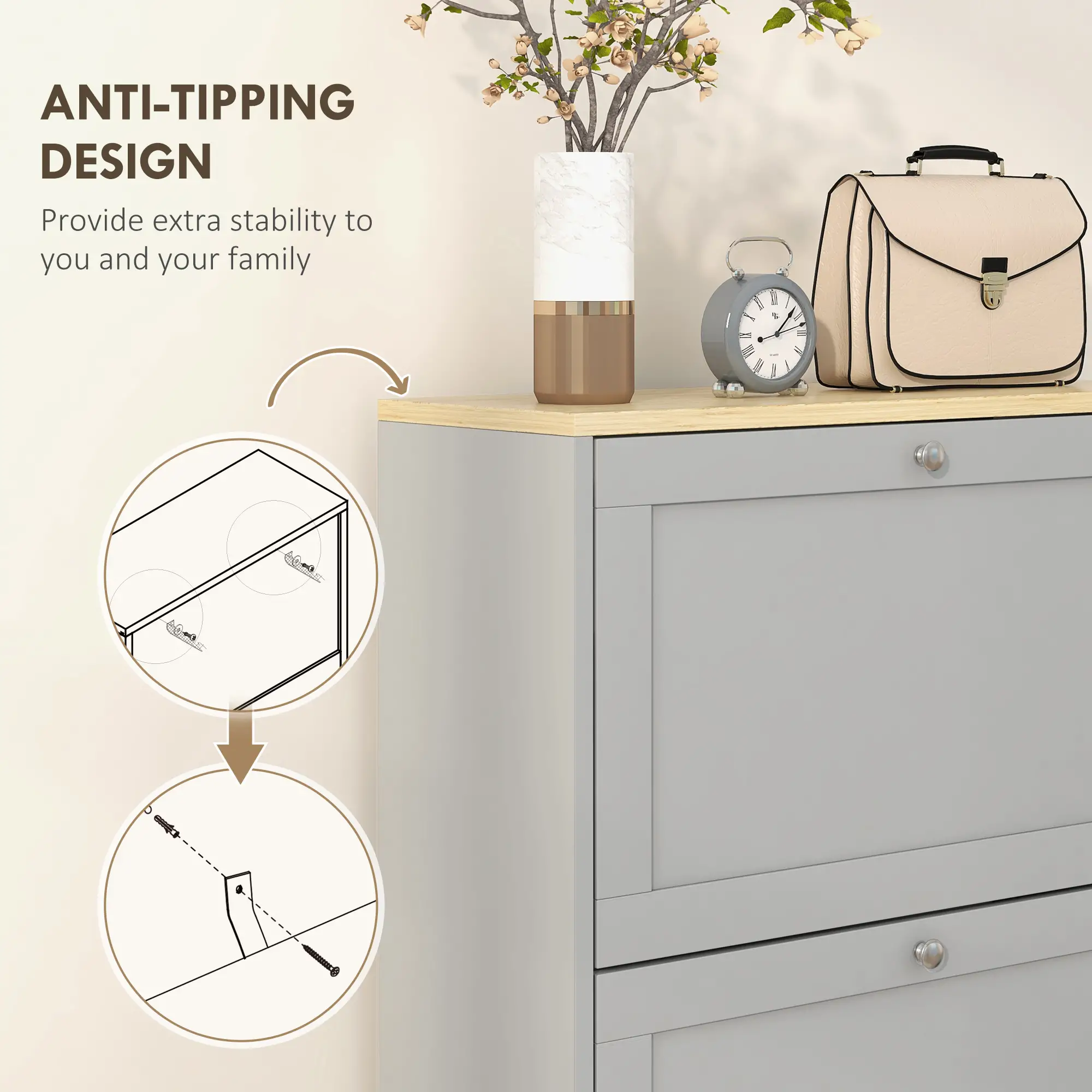 Modern Shoe Storage, 3 Flip Drawers, Adjustable Shelves, 18 Pairs, Grey - Image 7