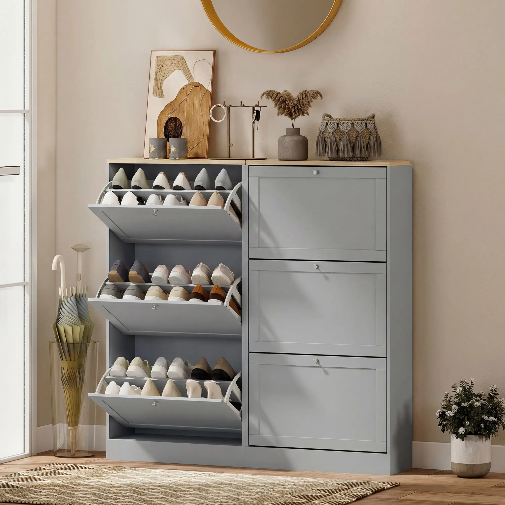 Modern Shoe Storage, 3 Flip Drawers, Adjustable Shelves, 18 Pairs, Grey - Image 9