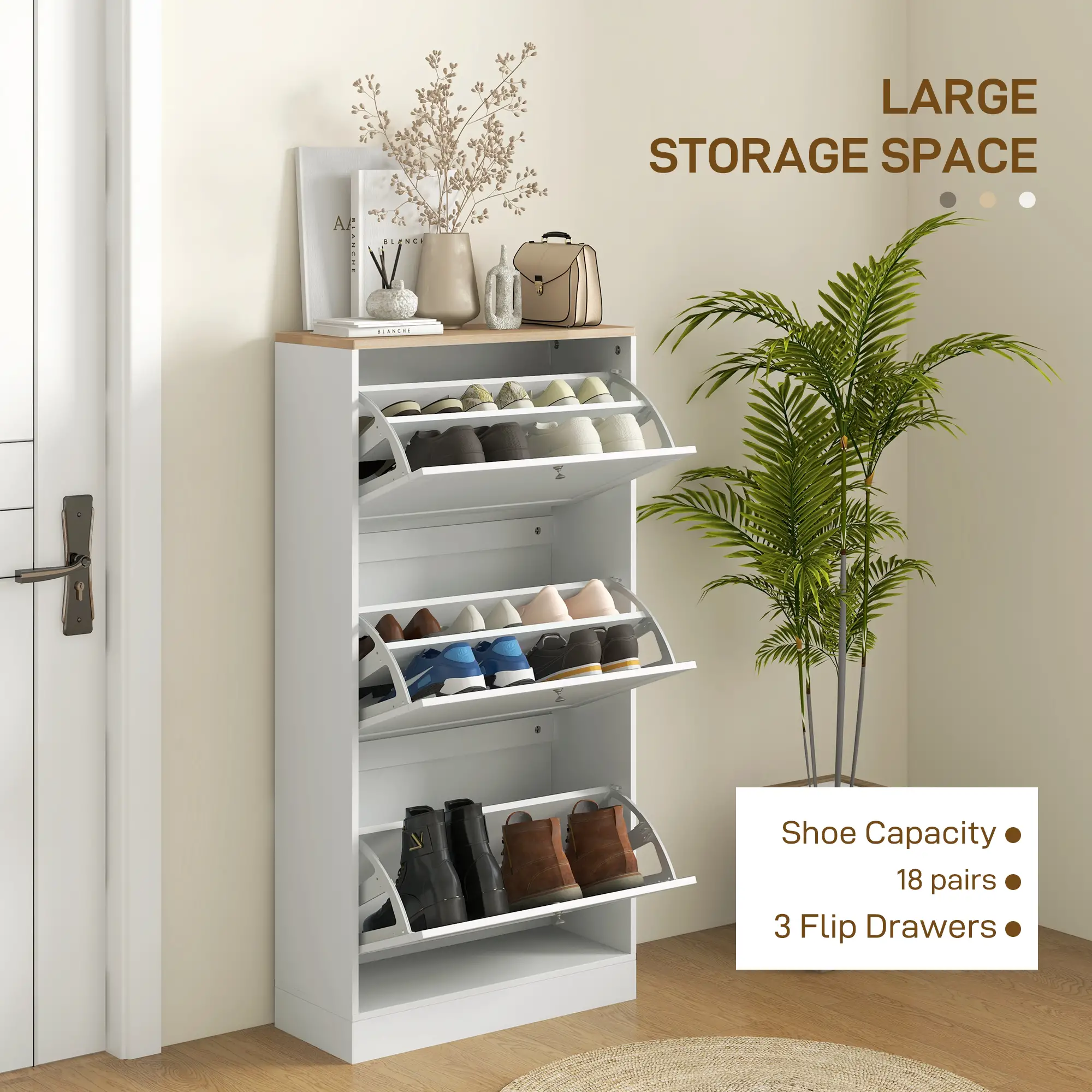 Modern Shoe Storage, 3 Flip Drawers, Adjustable Shelves, 18 Pairs, White - Image 4