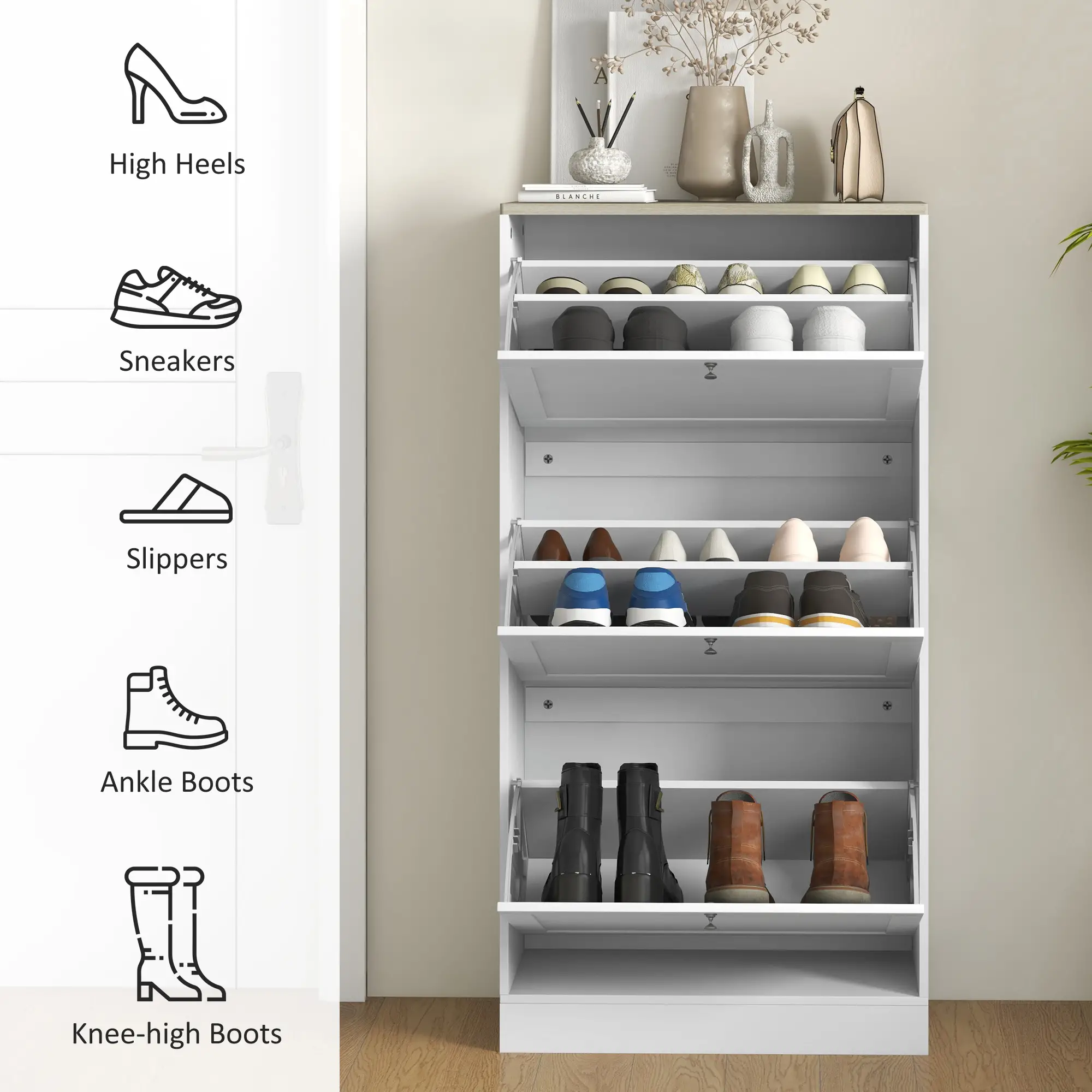 Modern Shoe Storage, 3 Flip Drawers, Adjustable Shelves, 18 Pairs, White - Image 6