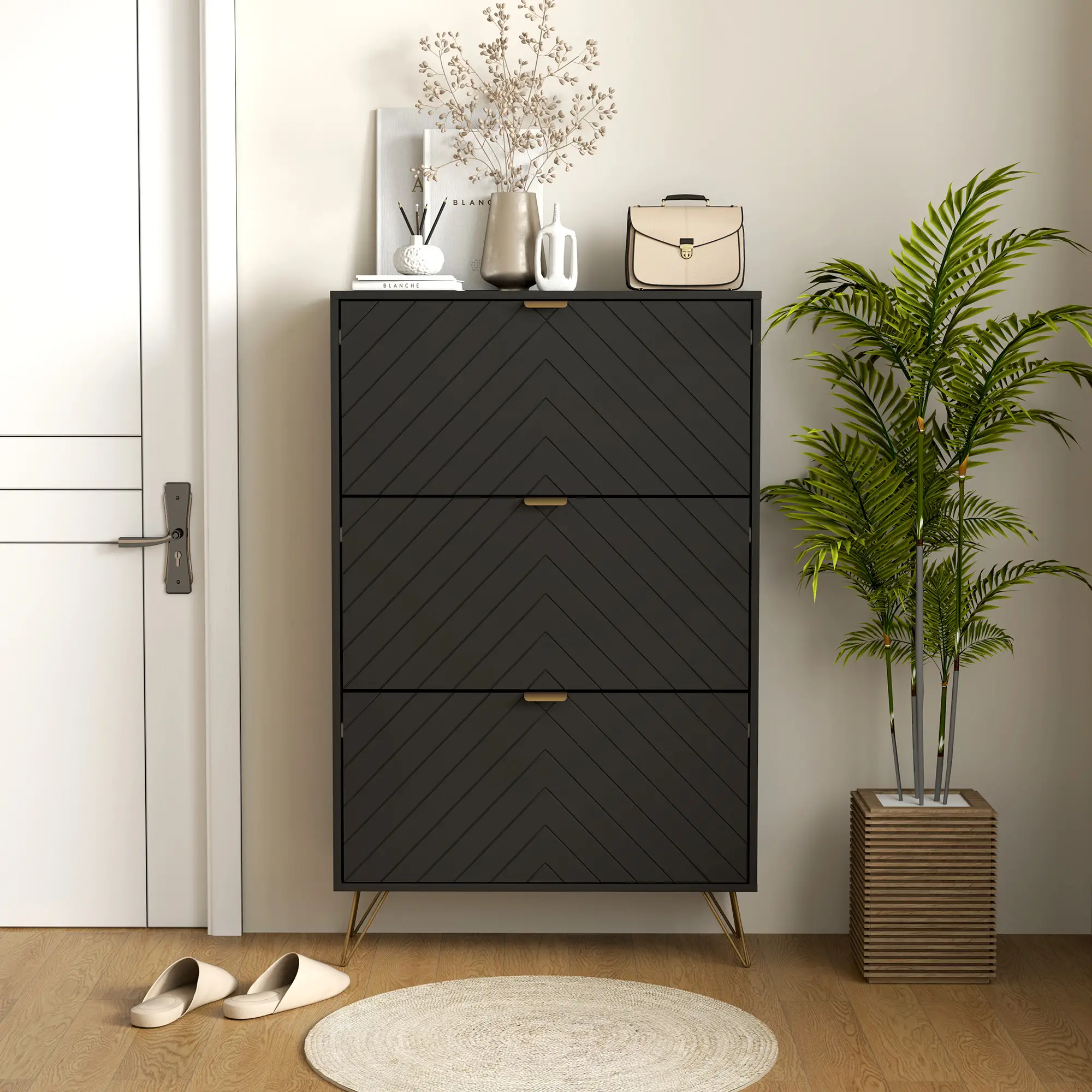Modern Shoe Storage Cabinet, 3 Flip Drawers for 18 Pairs, Narrow Organizer, Black - Image 10