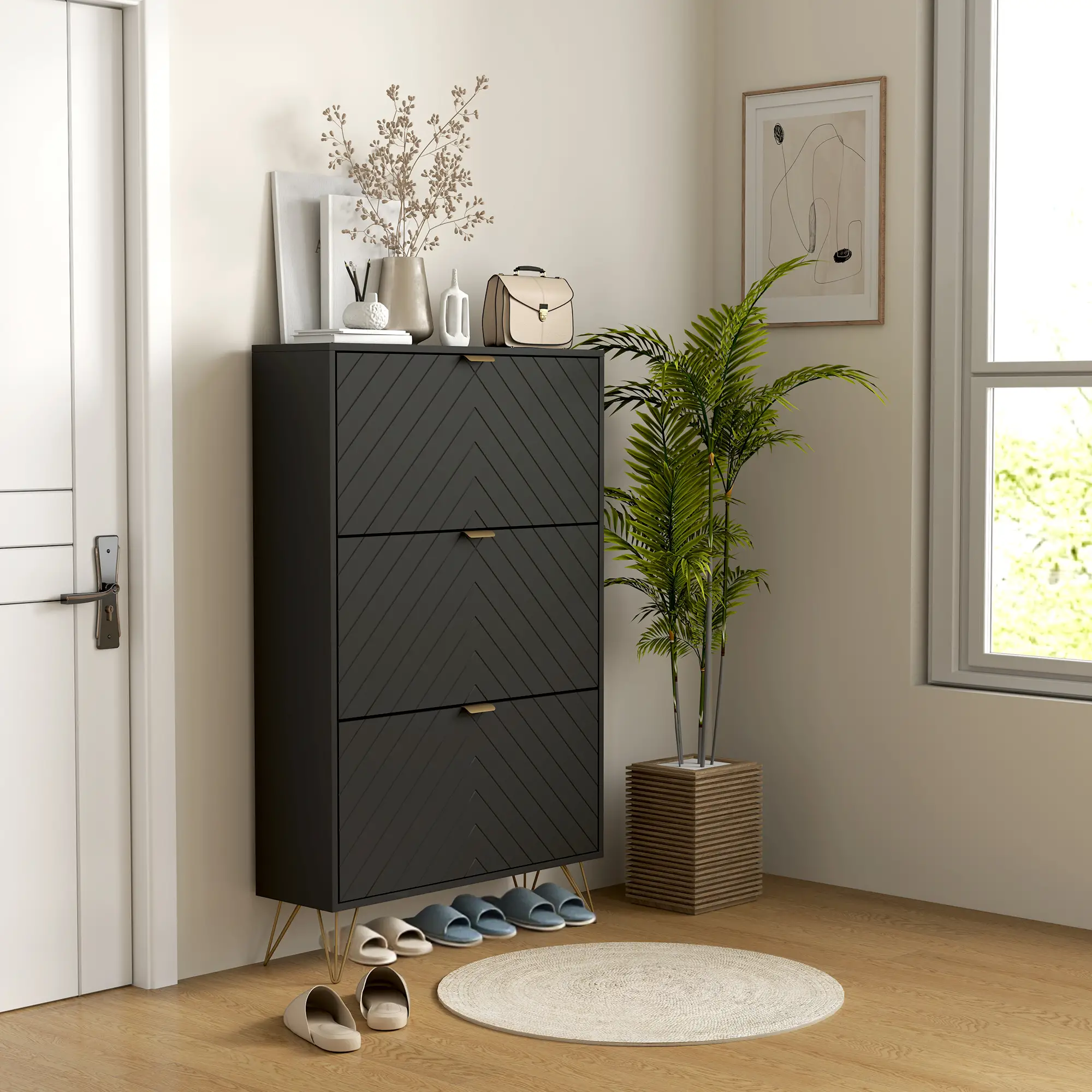 Modern Shoe Storage Cabinet, 3 Flip Drawers for 18 Pairs, Narrow Organizer, Black - Image 2